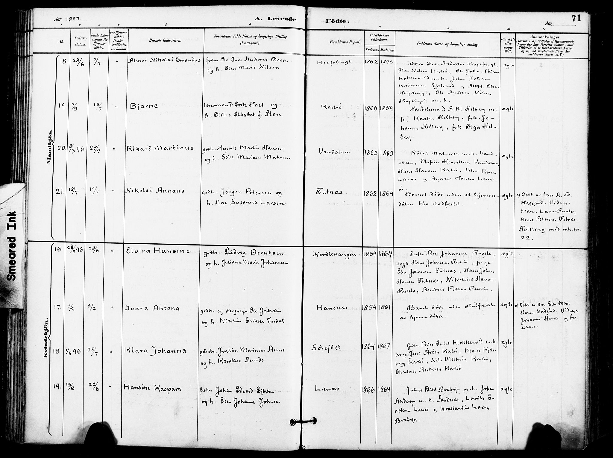 Karlsøy sokneprestembete, AV/SATØ-S-1299/H/Ha/Haa/L0007kirke: Parish register (official) no. 7, 1891-1902, p. 71