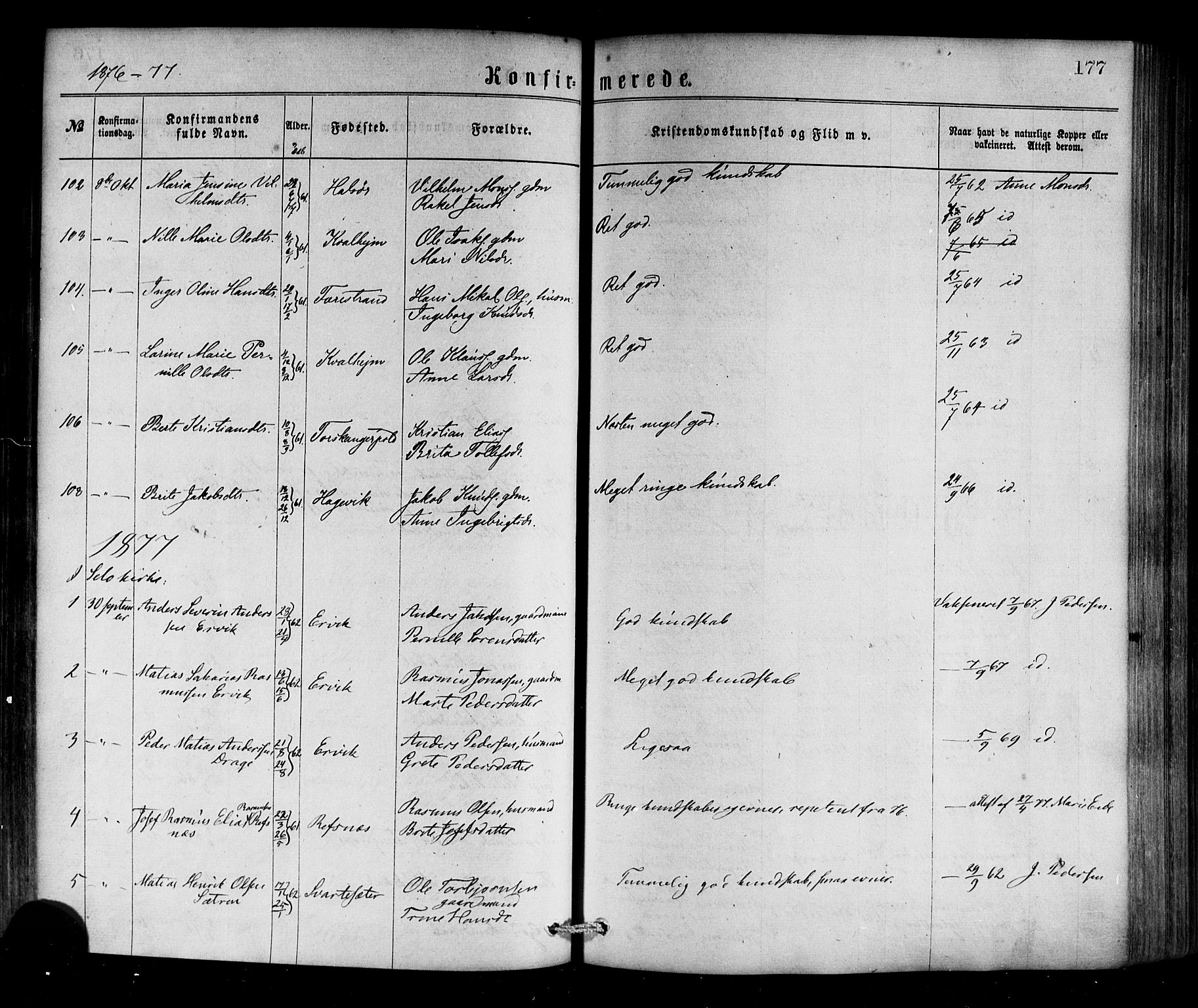 Selje sokneprestembete, SAB/A-99938/H/Ha/Haa/Haaa: Parish register (official) no. A 12, 1870-1880, p. 177