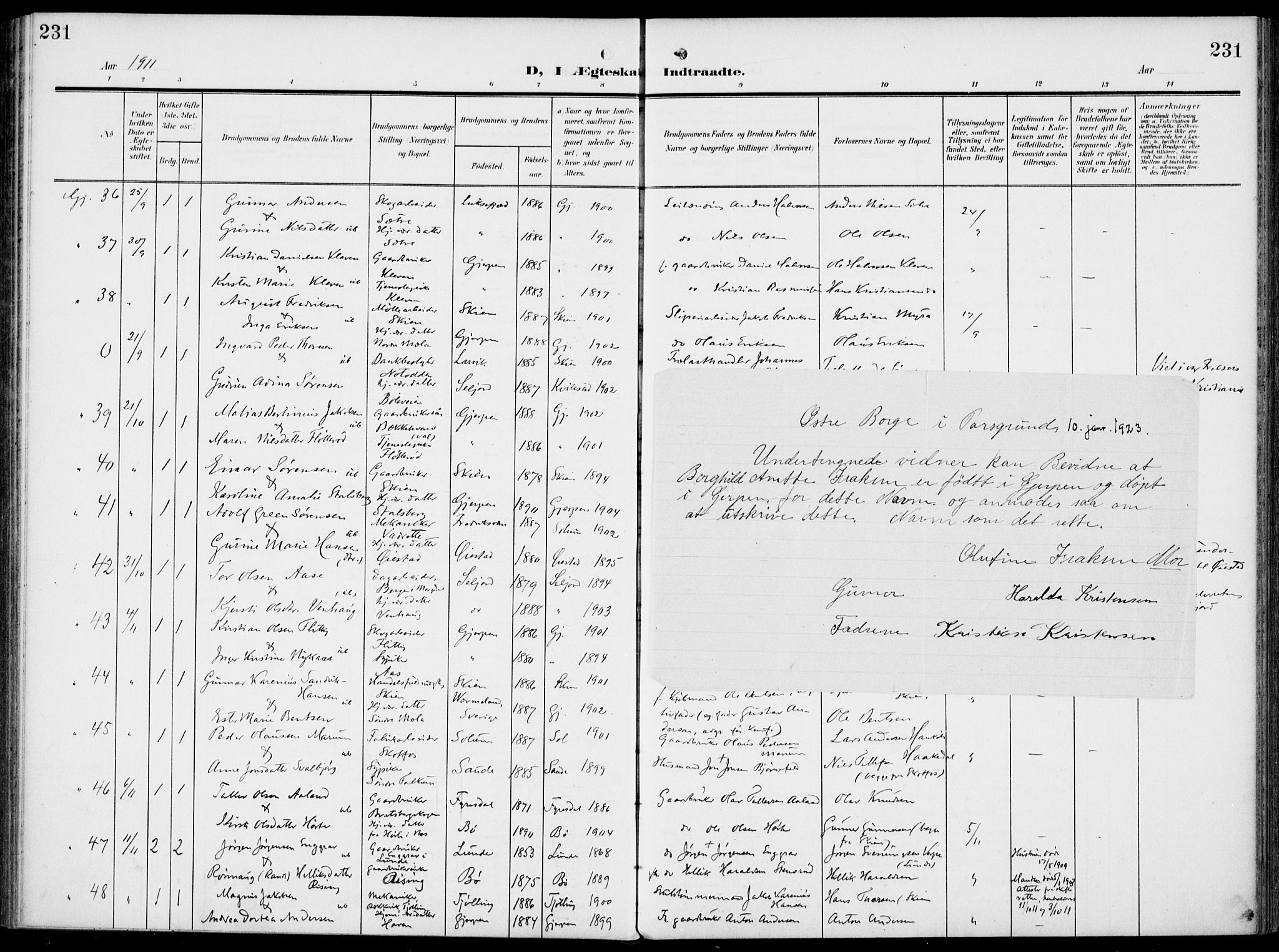 Gjerpen kirkebøker, AV/SAKO-A-265/F/Fa/L0012: Parish register (official) no. I 12, 1905-1913, p. 231