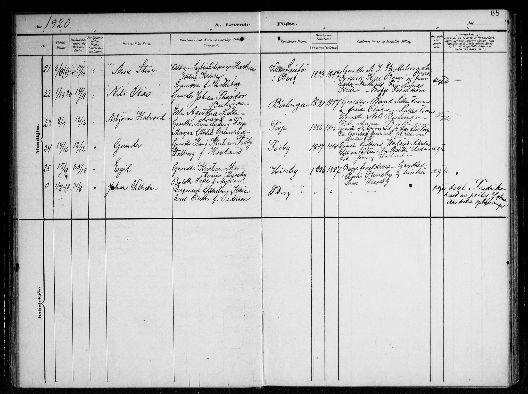 Berg prestekontor Kirkebøker, AV/SAO-A-10902/F/Fa/L0008: Parish register (official) no. I 8, 1902-1920, p. 68