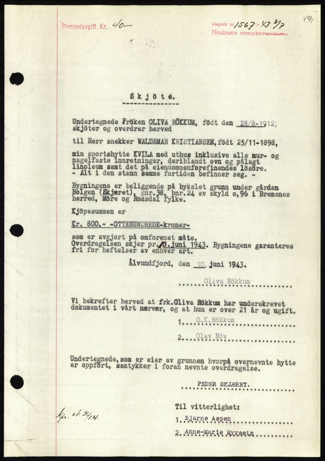 Nordmøre sorenskriveri, AV/SAT-A-4132/1/2/2Ca: Mortgage book no. A95, 1943-1943, Diary no: : 1567/1943