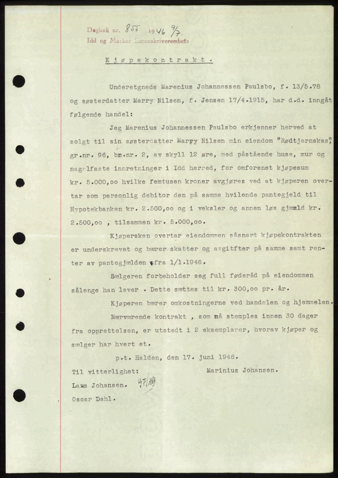 Idd og Marker sorenskriveri, AV/SAO-A-10283/G/Gb/Gbb/L0008: Mortgage book no. A8, 1946-1946, Diary no: : 855/1946