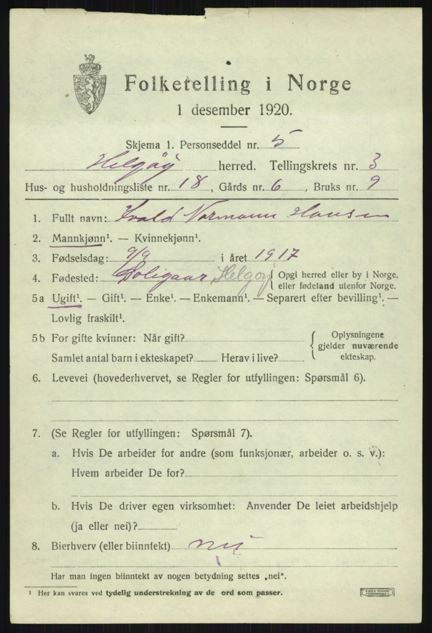 SATØ, 1920 census for Helgøy, 1920, p. 1625