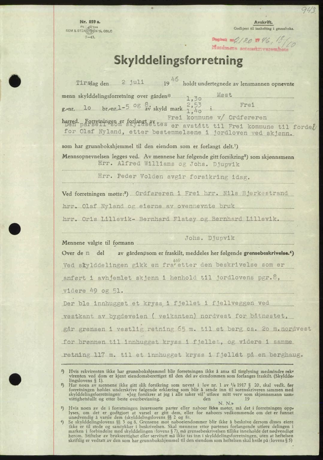 Nordmøre sorenskriveri, AV/SAT-A-4132/1/2/2Ca: Mortgage book no. A102, 1946-1946, Diary no: : 2120/1946