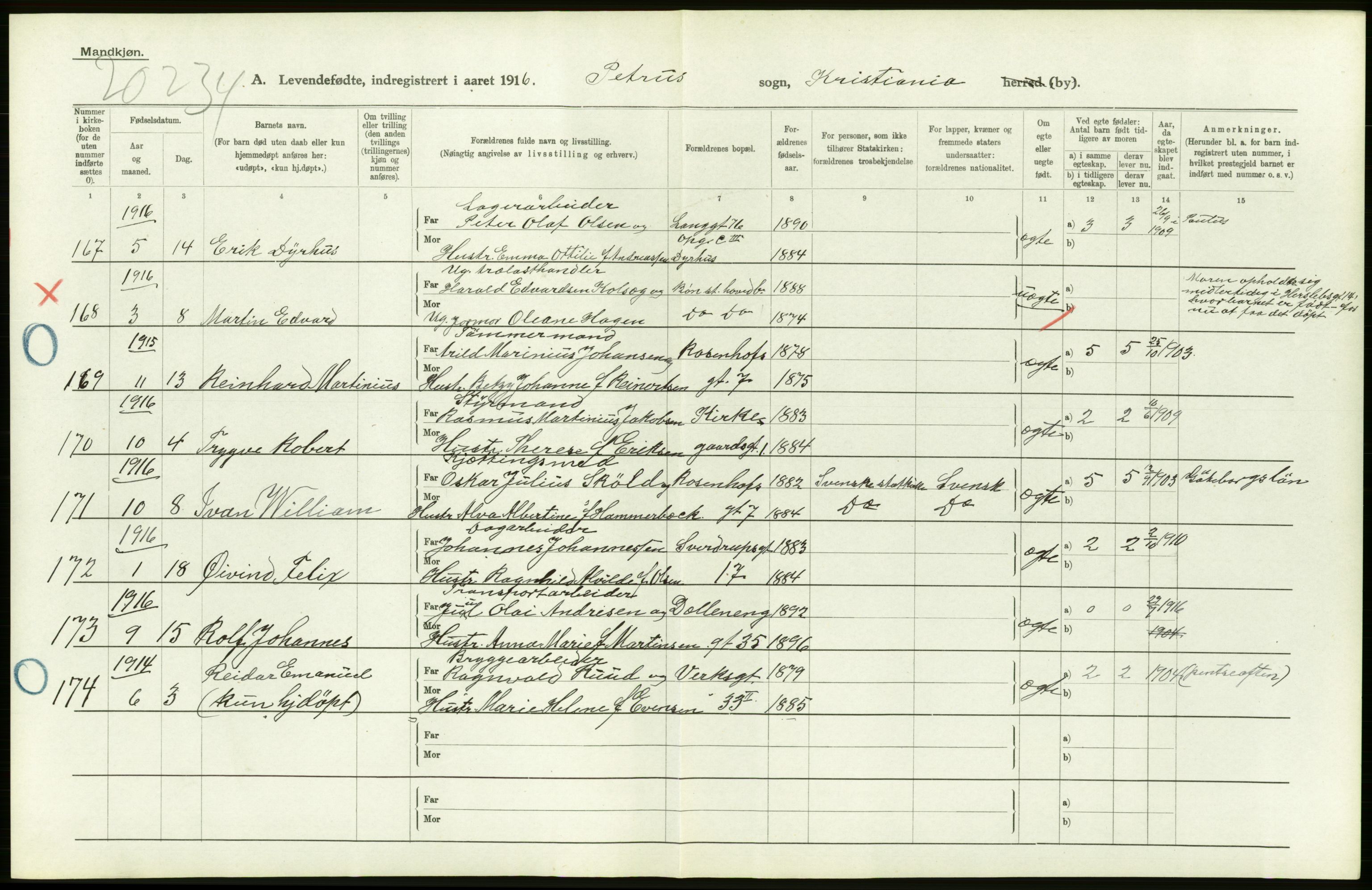 Statistisk sentralbyrå, Sosiodemografiske emner, Befolkning, AV/RA-S-2228/D/Df/Dfb/Dfbf/L0006: Kristiania: Levendefødte menn og kvinner., 1916, p. 584