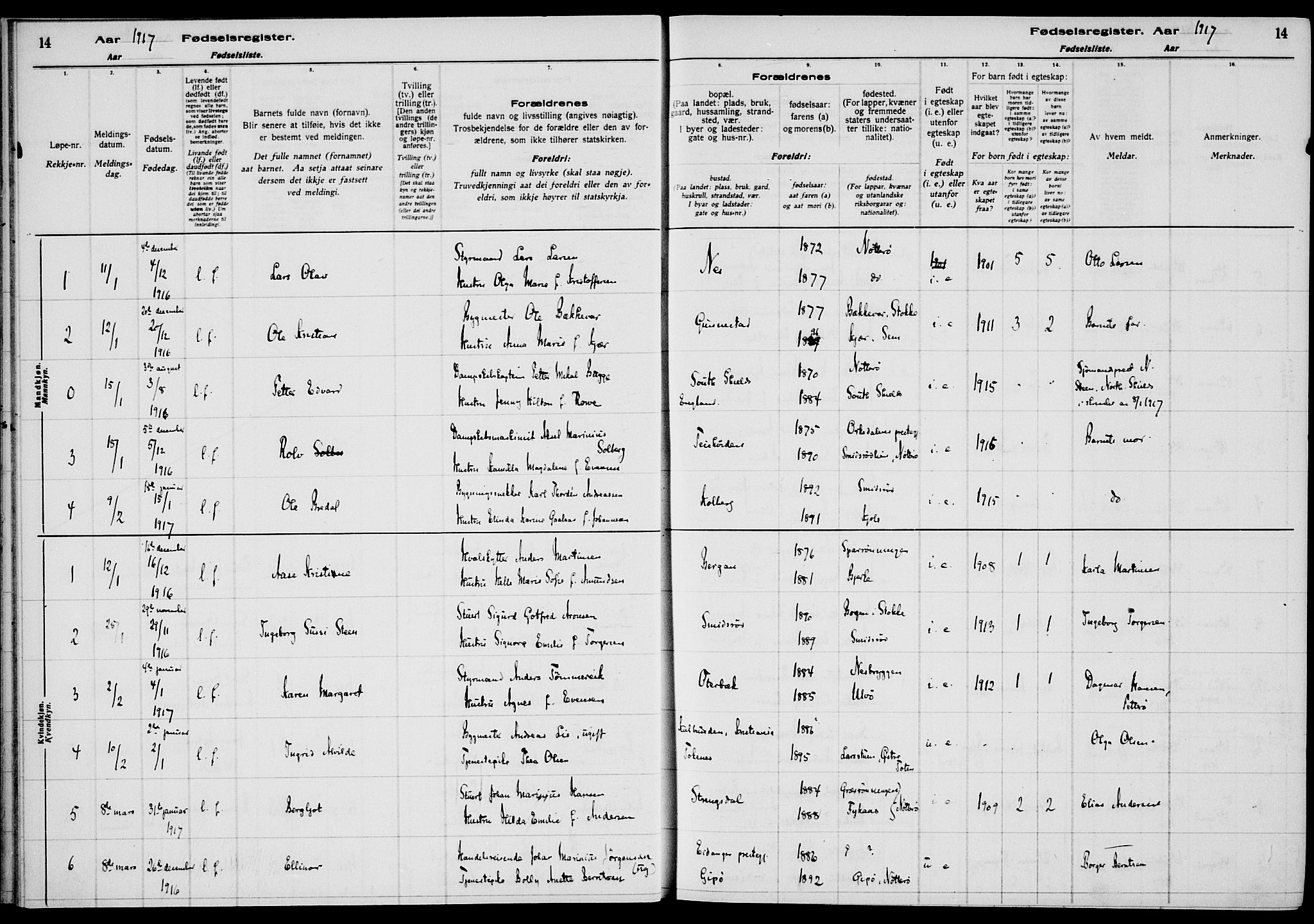 Nøtterøy kirkebøker, AV/SAKO-A-354/J/Ja/L0001: Birth register no. 1, 1916-1928, p. 14