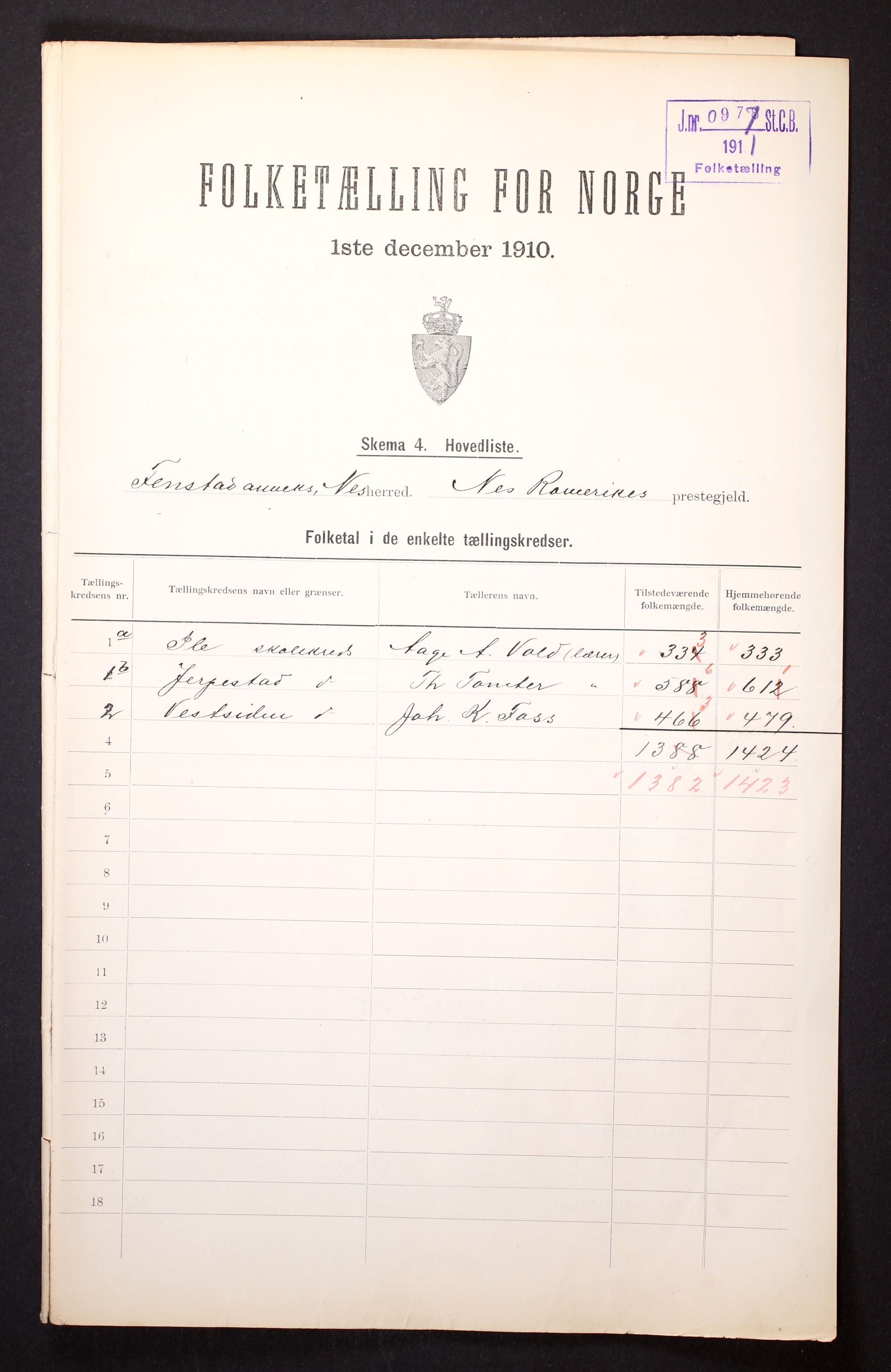 RA, 1910 census for Nes, 1910, p. 2