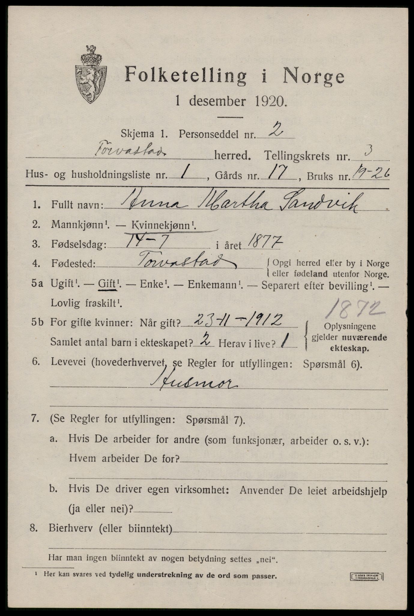 SAST, 1920 census for Torvastad, 1920, p. 2932