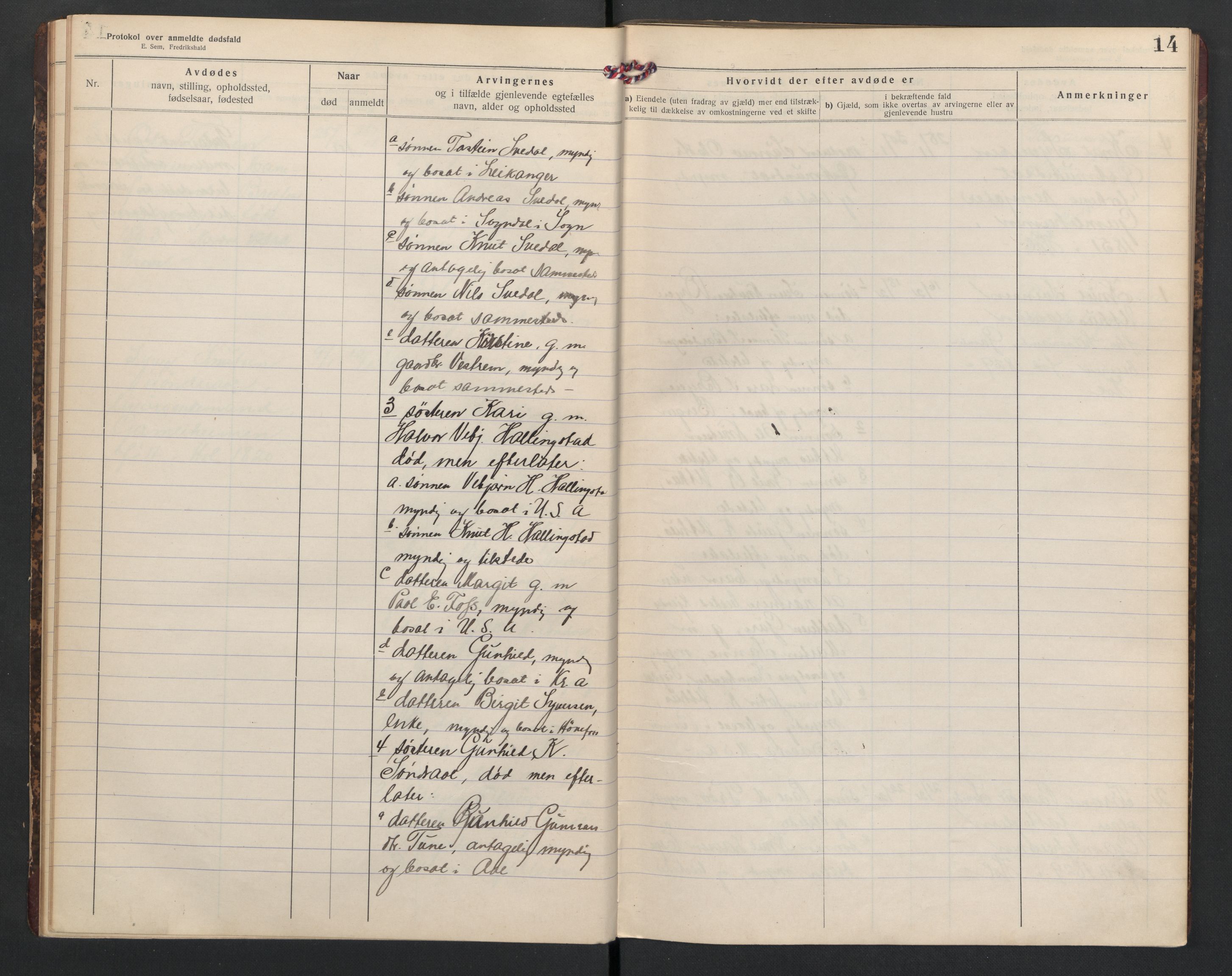 Hol lensmannskontor, AV/SAKO-A-512/H/Ha/L0005: Dødsanmeldelsesprotokoll, 1917-1924, p. 14