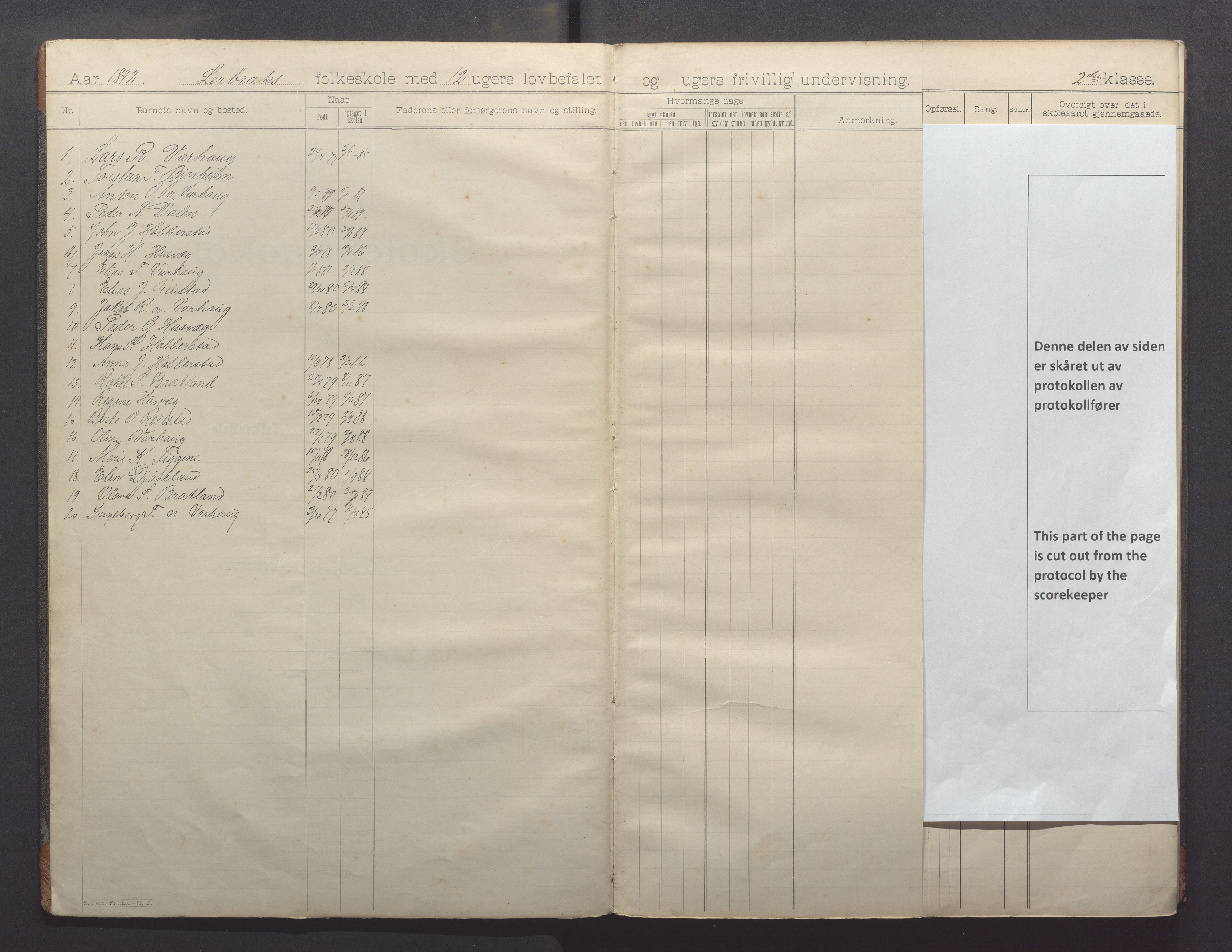 Varhaug kommune- Lerbrekk skule, IKAR/K-100961/H/L0002: Skuleprotokoll, 1892-1902, p. 3