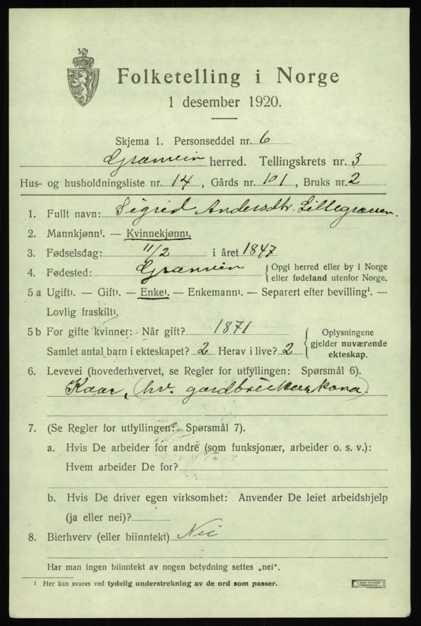 SAB, 1920 census for Granvin, 1920, p. 1304