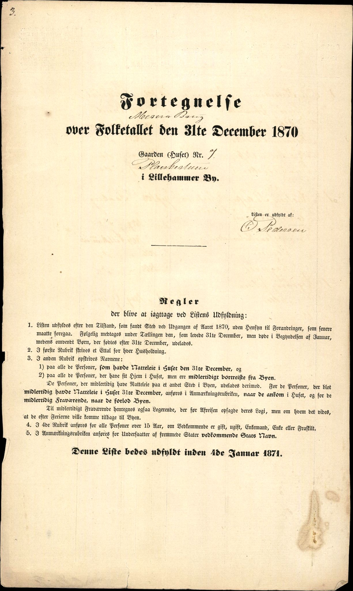 RA, 1870 census for 0501 Lillehammer, 1870, p. 3