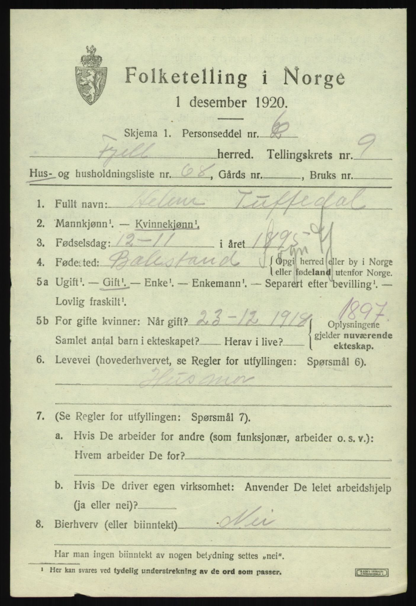 SAB, 1920 census for Fjell, 1920, p. 9024