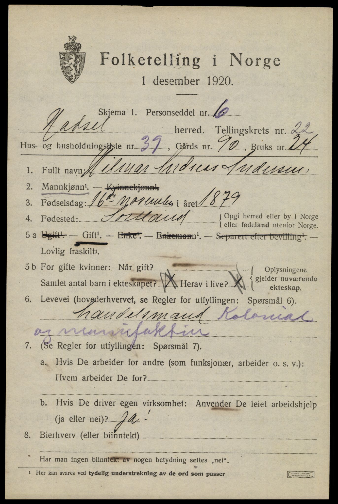 SAT, 1920 census for Hadsel, 1920, p. 20486