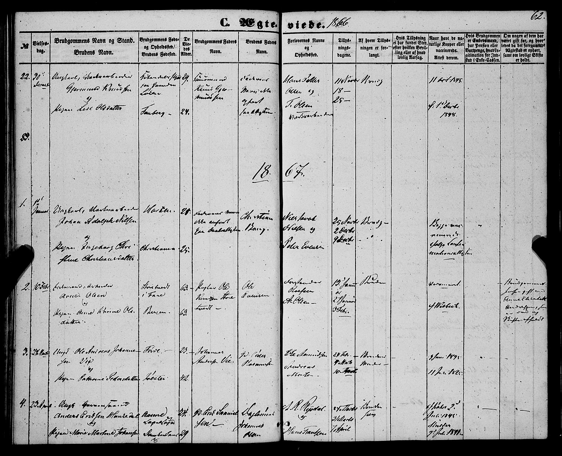 St. Jørgens hospital og Årstad sokneprestembete, AV/SAB-A-99934: Parish register (official) no. A 9, 1853-1878, p. 62