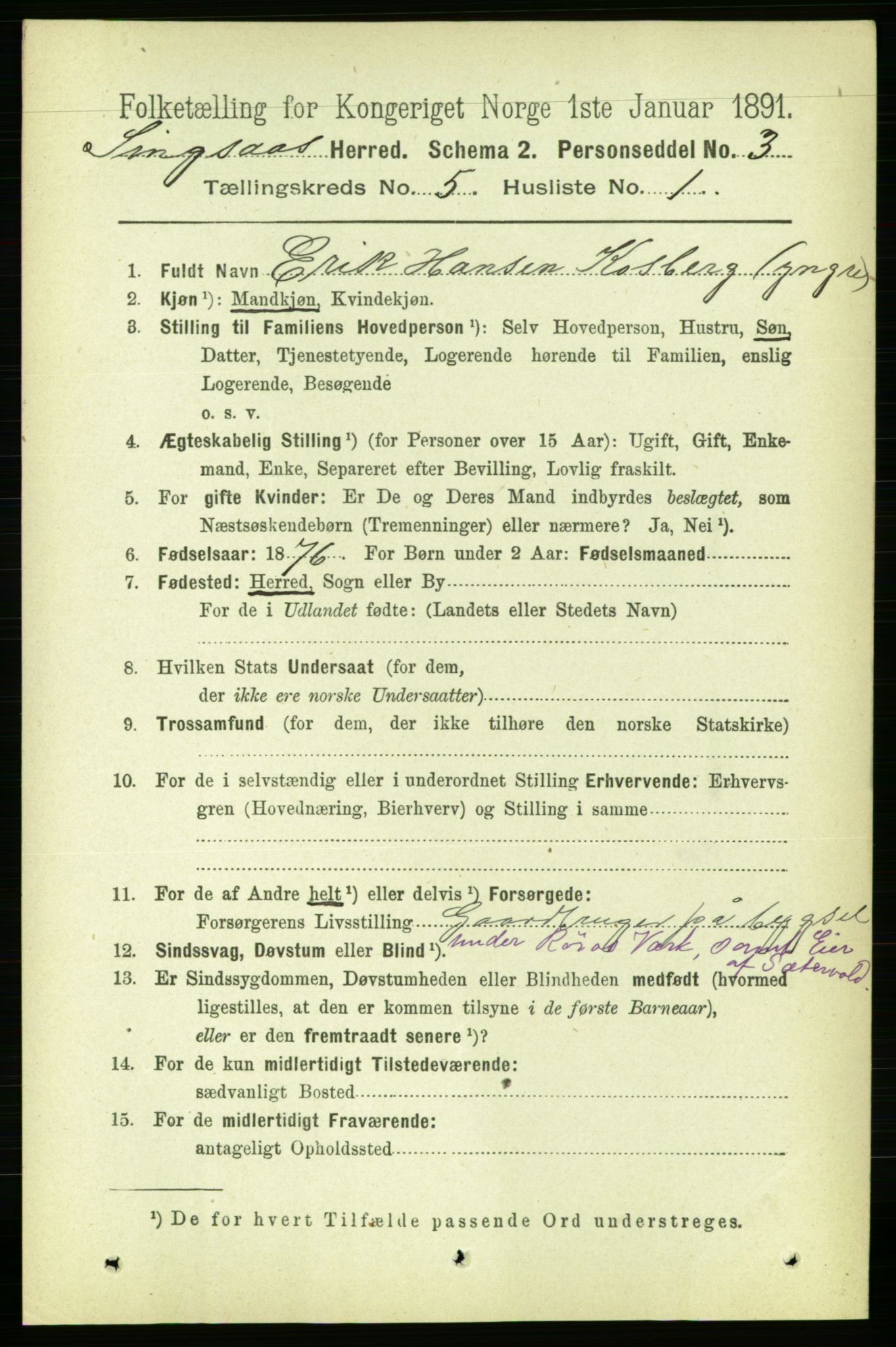 RA, 1891 census for 1646 Singsås, 1891, p. 1009