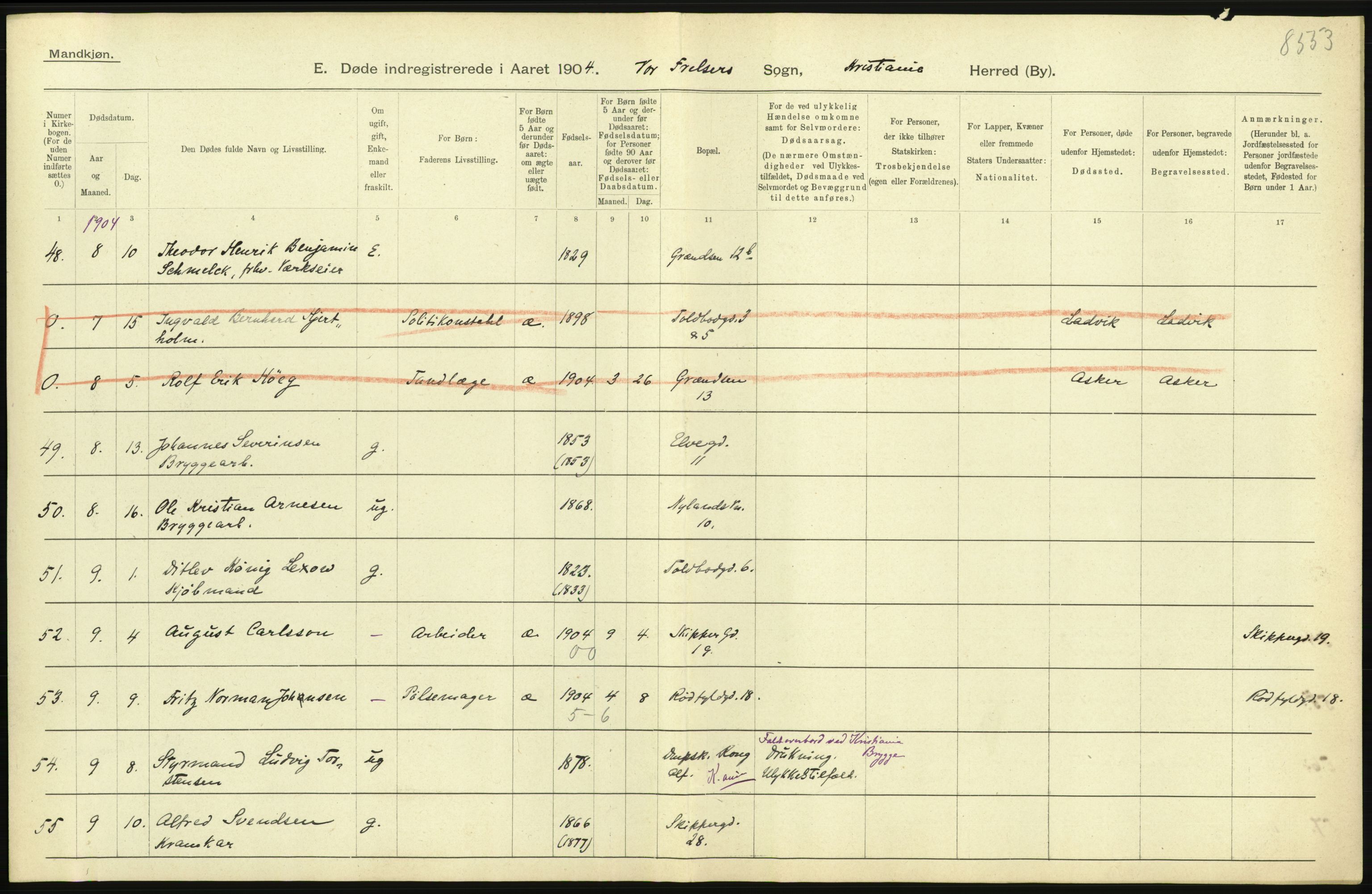 Statistisk sentralbyrå, Sosiodemografiske emner, Befolkning, AV/RA-S-2228/D/Df/Dfa/Dfab/L0004: Kristiania: Gifte, døde, 1904, p. 479