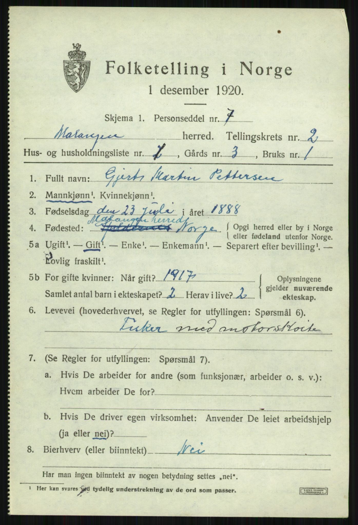 SATØ, 1920 census for Malangen, 1920, p. 825