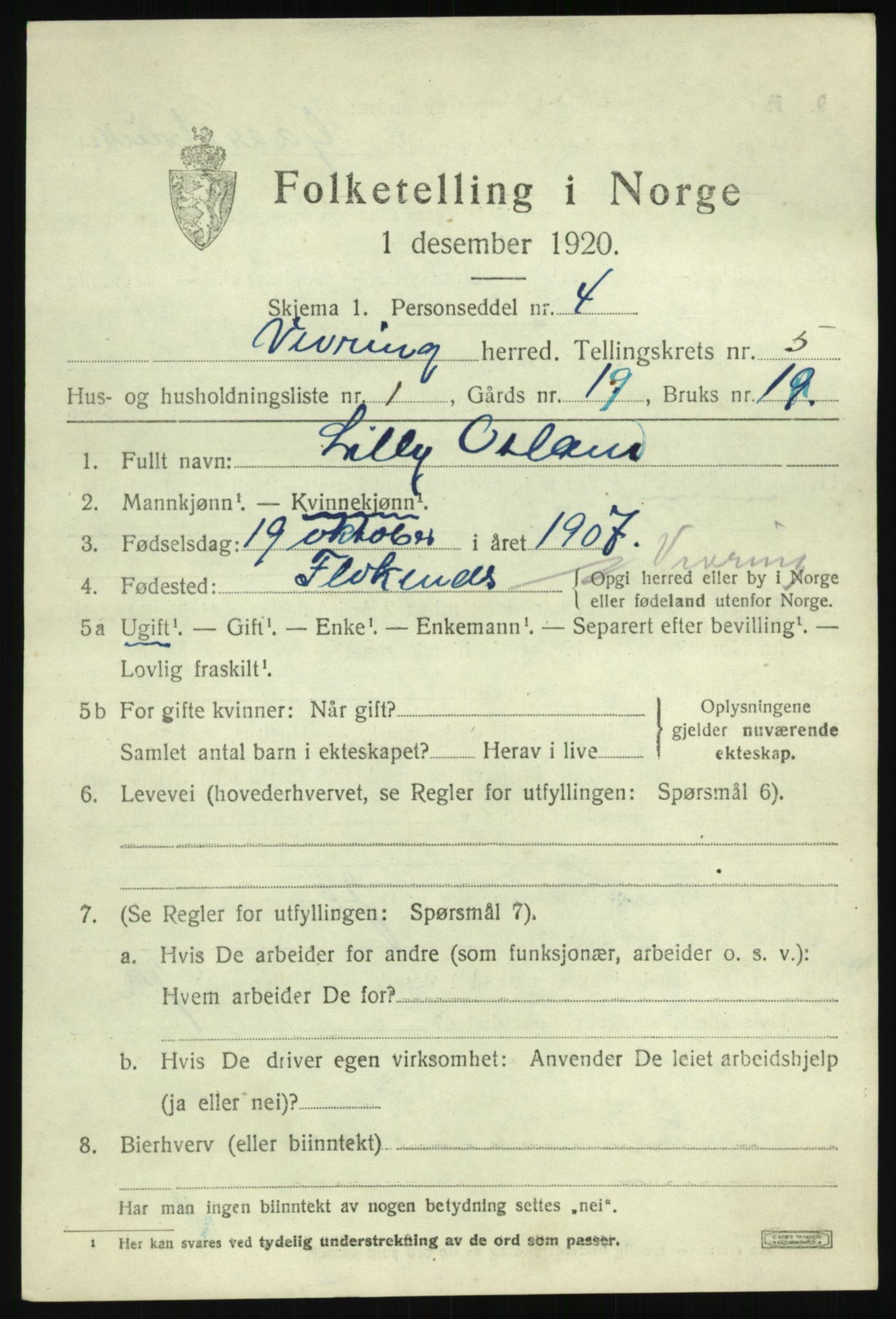 SAB, 1920 census for Vevring, 1920, p. 1422