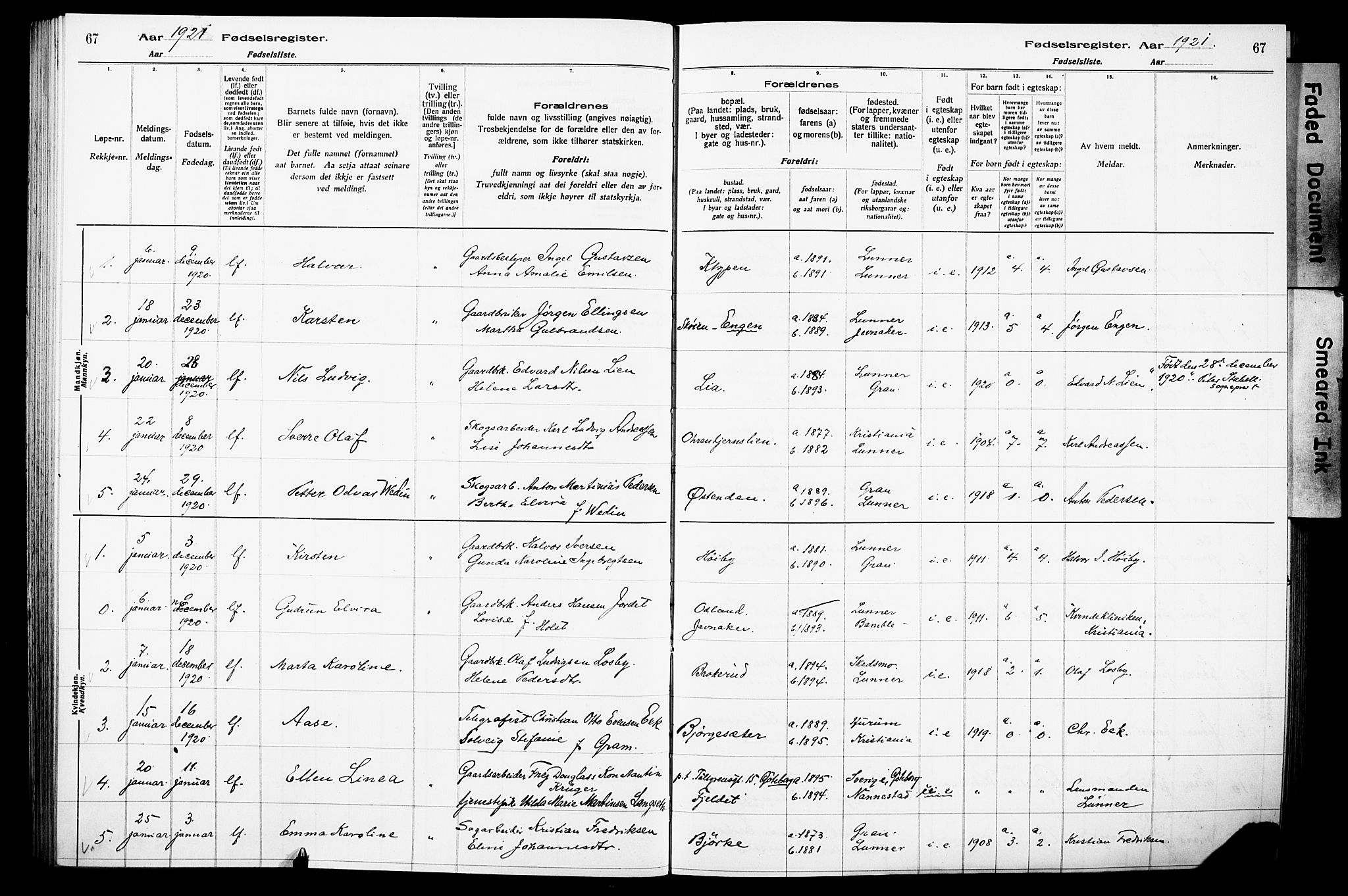 Lunner prestekontor, SAH/PREST-118/I/Id/L0001: Birth register no. 1, 1916-1932, p. 67