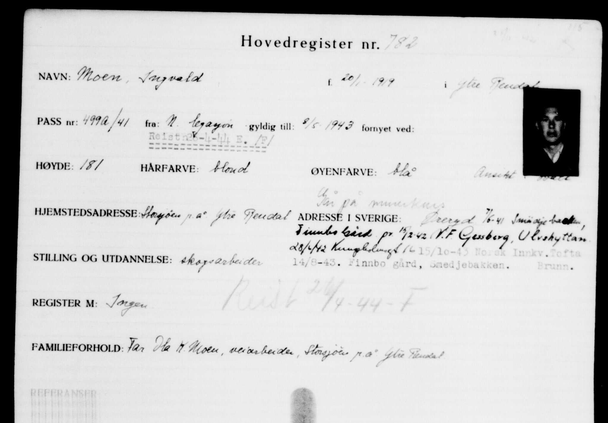 Utenriksstasjonene, Legasjonen i Stockholm, Flyktningkontoret, AV/RA-S-6753/V/Va/L0001: Kjesäterkartoteket, flyktninger med registreringsnr. 1-1000, 1940-1945, p. 1237