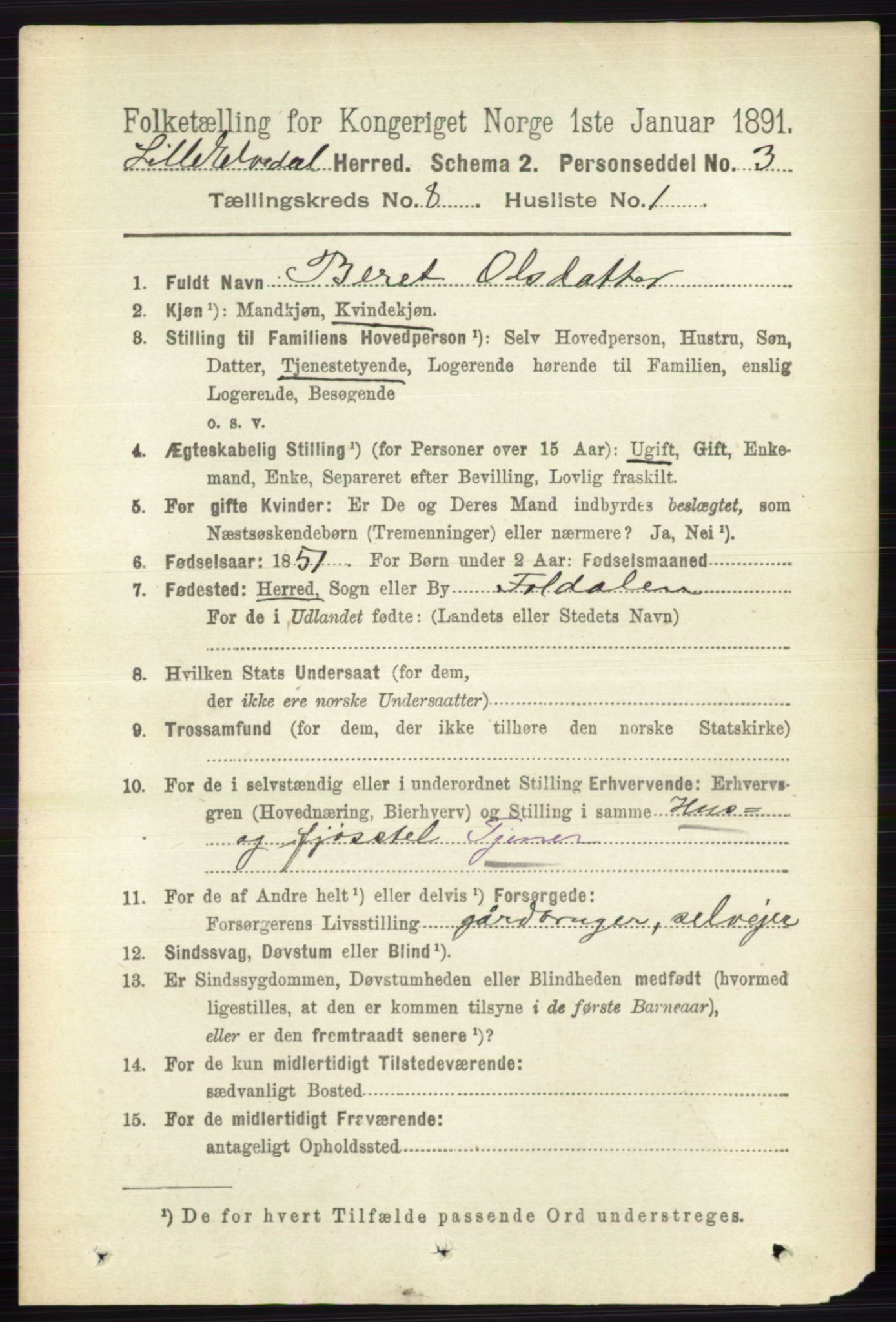 RA, 1891 census for 0438 Lille Elvedalen, 1891, p. 2470