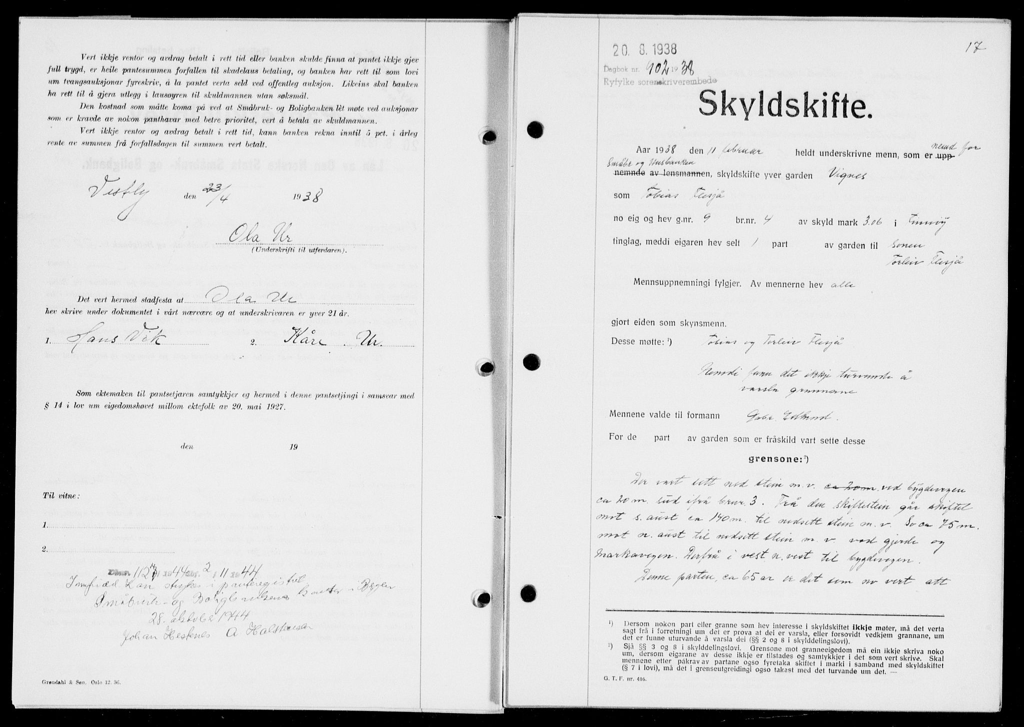 Ryfylke tingrett, SAST/A-100055/001/II/IIB/L0078: Mortgage book no. 57, 1938-1938, Diary no: : 902/1938