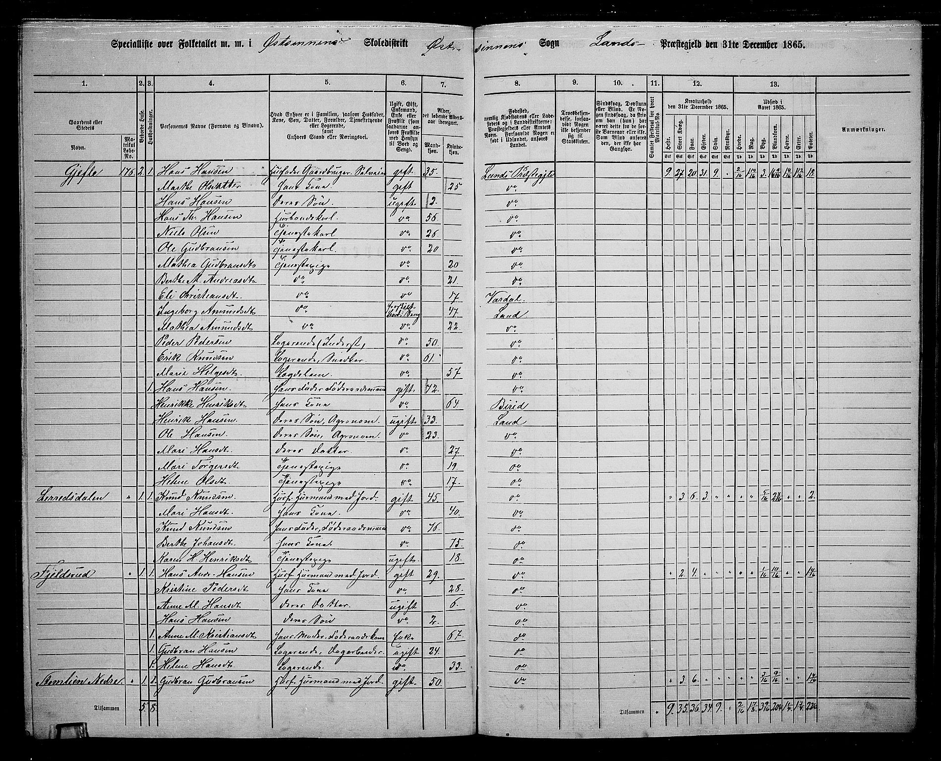 RA, 1865 census for Land, 1865, p. 181