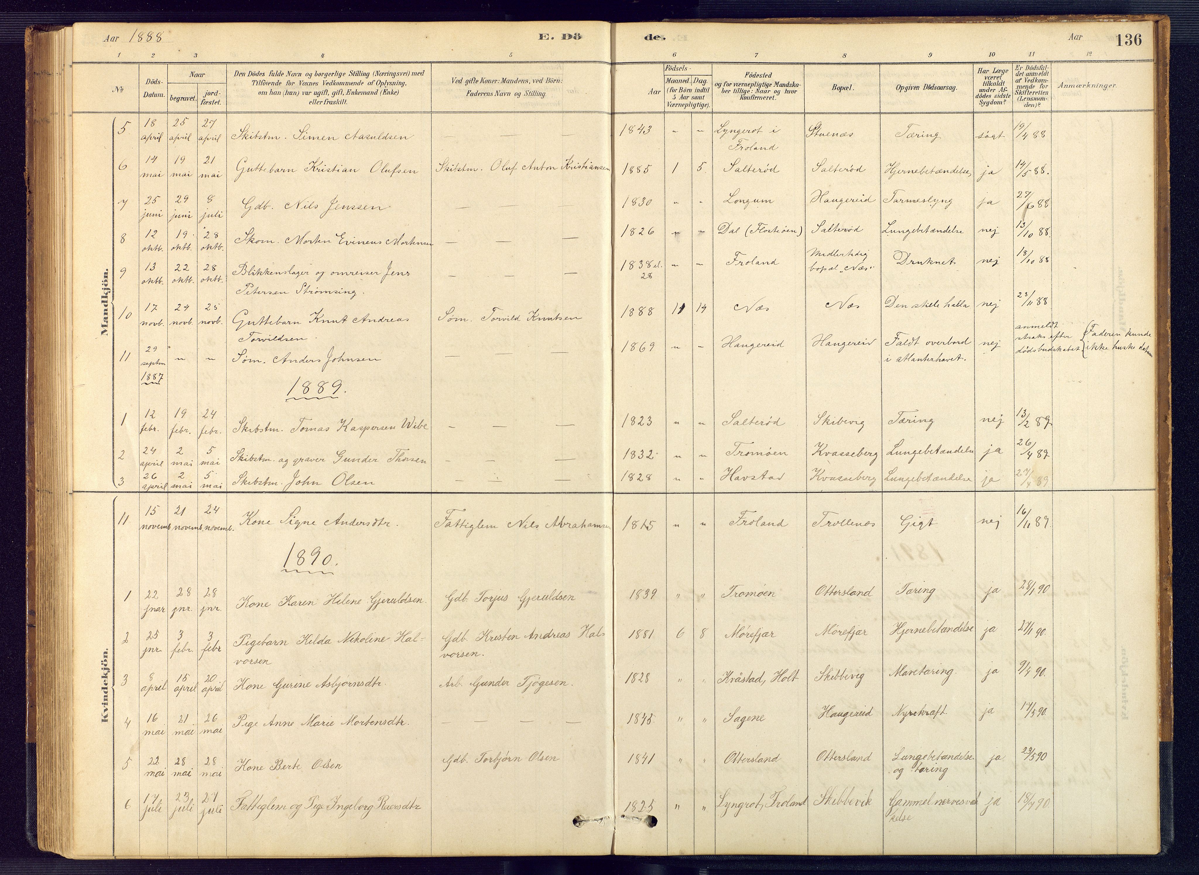 Austre Moland sokneprestkontor, SAK/1111-0001/F/Fb/Fbb/L0001: Parish register (copy) no. B 1, 1878-1904, p. 136