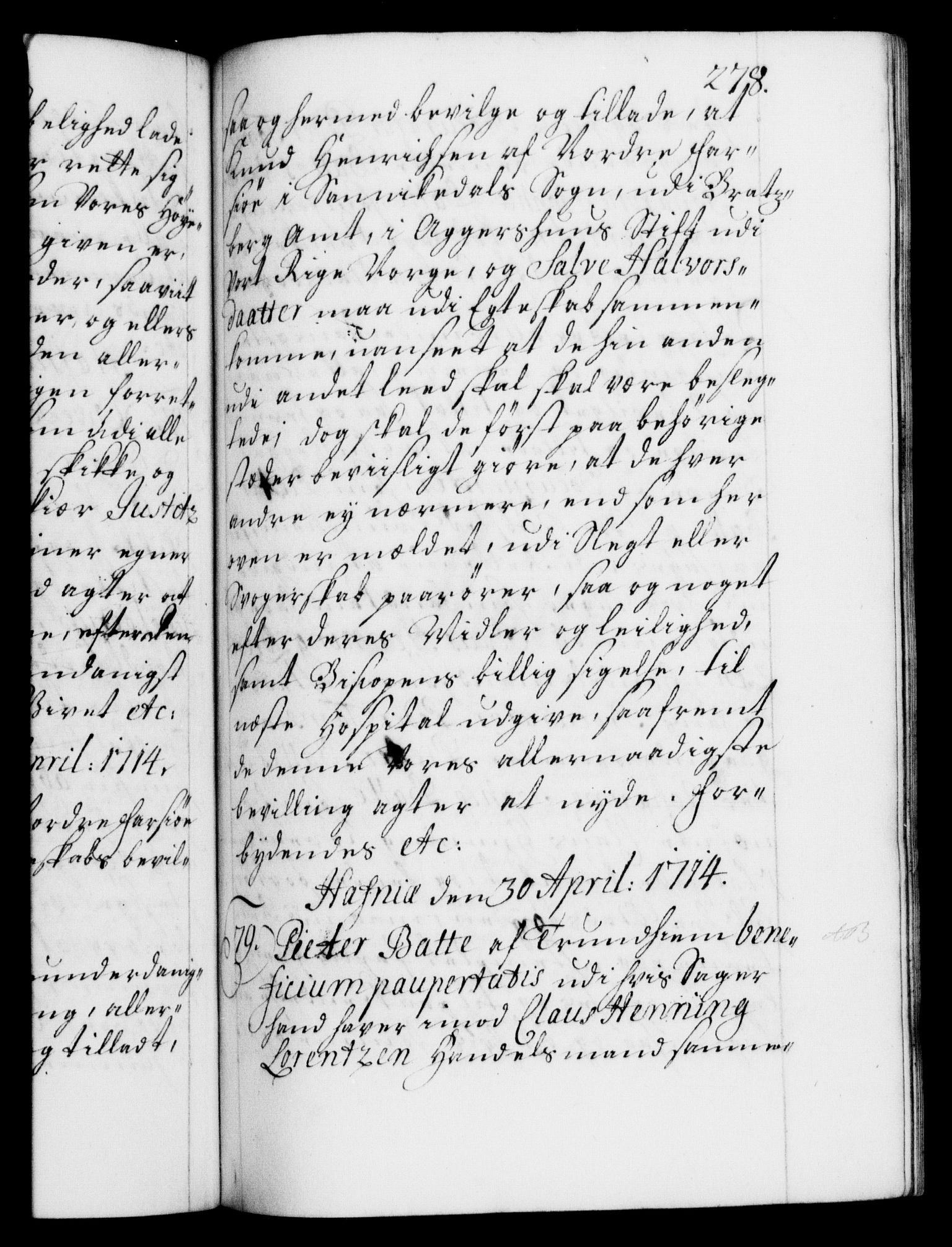 Danske Kanselli 1572-1799, AV/RA-EA-3023/F/Fc/Fca/Fcaa/L0021: Norske registre, 1712-1715, p. 278a