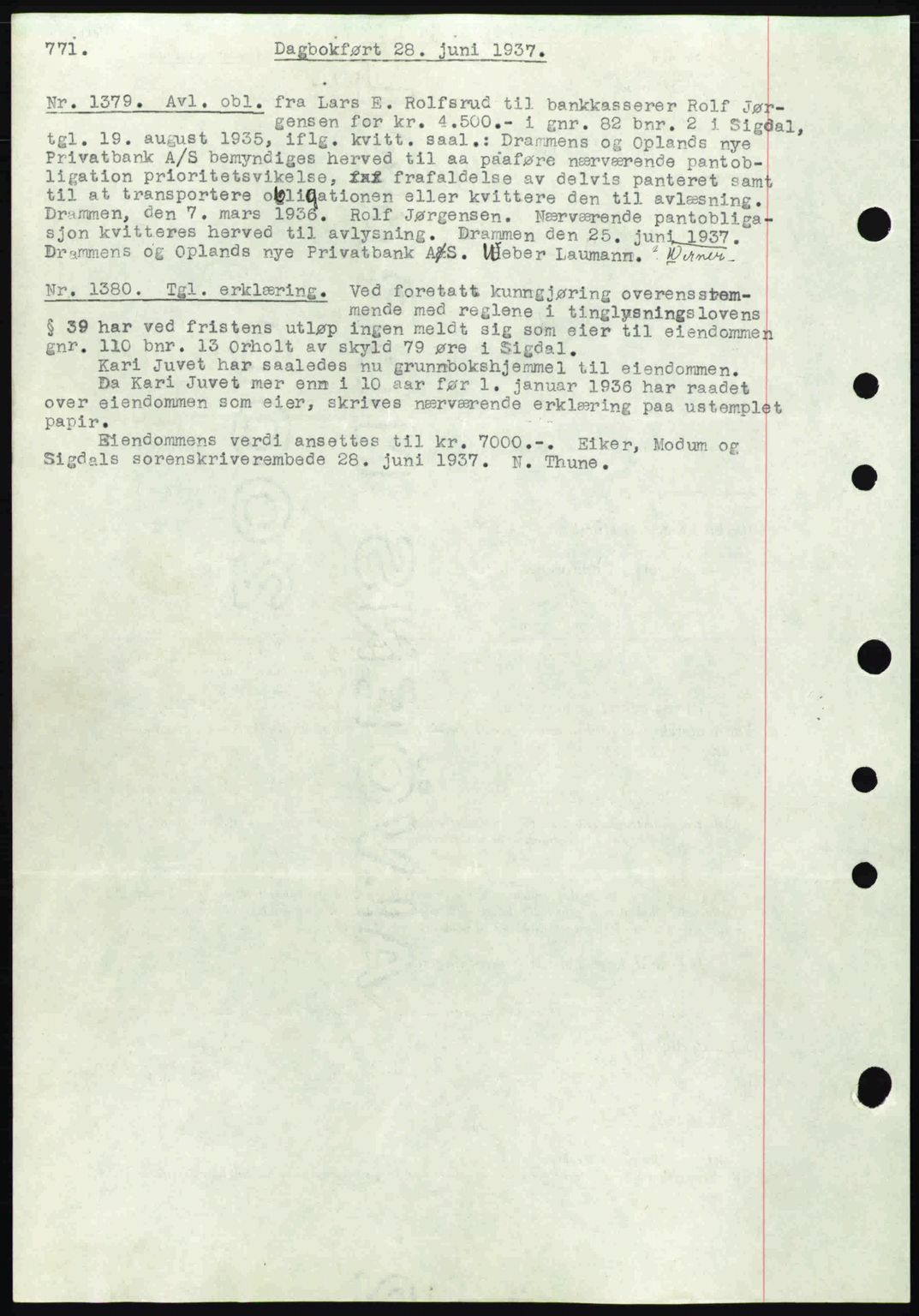 Eiker, Modum og Sigdal sorenskriveri, SAKO/A-123/G/Ga/Gab/L0035: Mortgage book no. A5, 1937-1937, Diary no: : 1379/1937