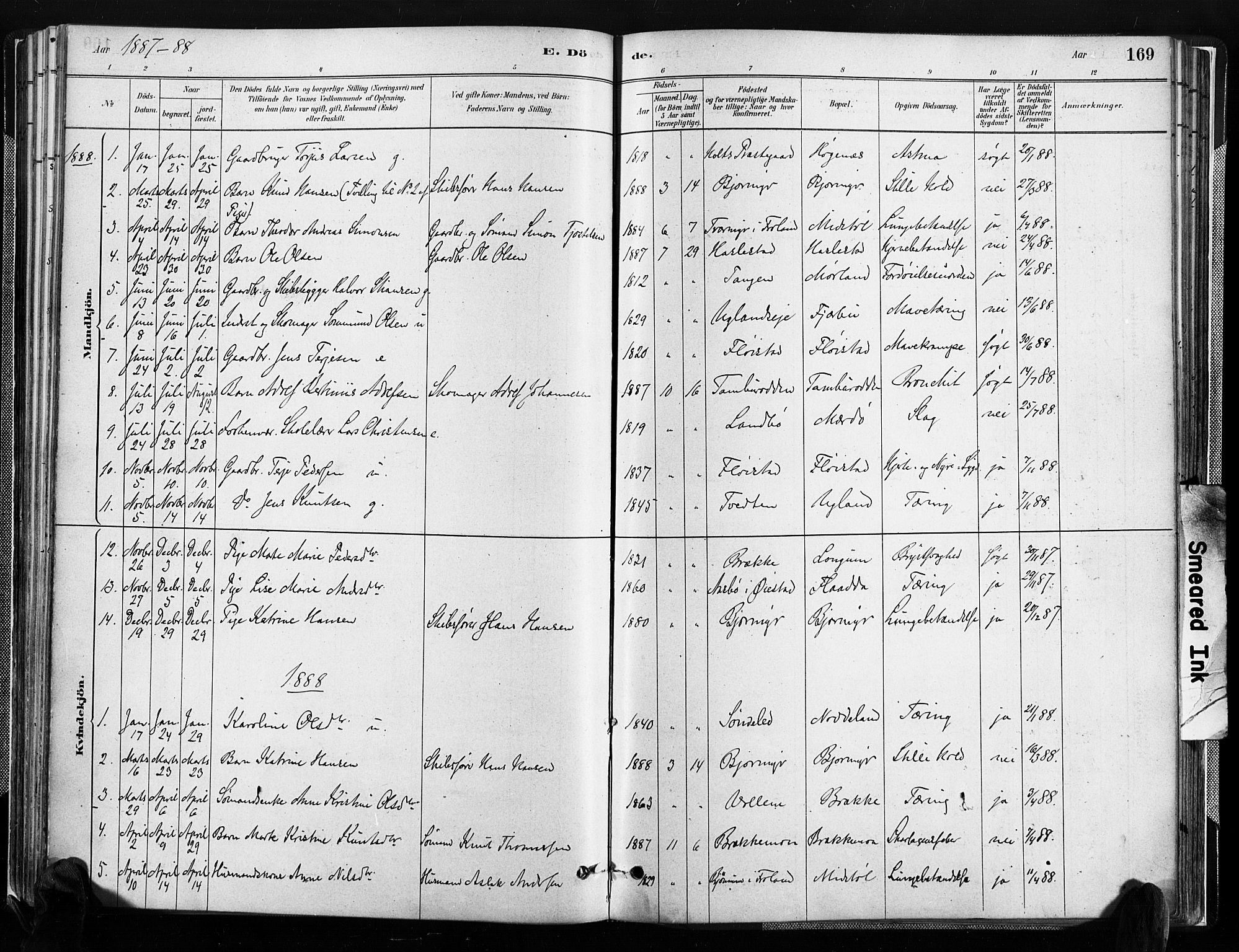 Austre Moland sokneprestkontor, SAK/1111-0001/F/Fa/Faa/L0010: Parish register (official) no. A 10, 1880-1904, p. 169