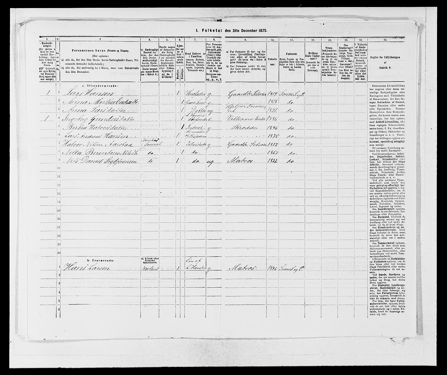 SAB, 1875 census for 1216P Sveio, 1875, p. 1168