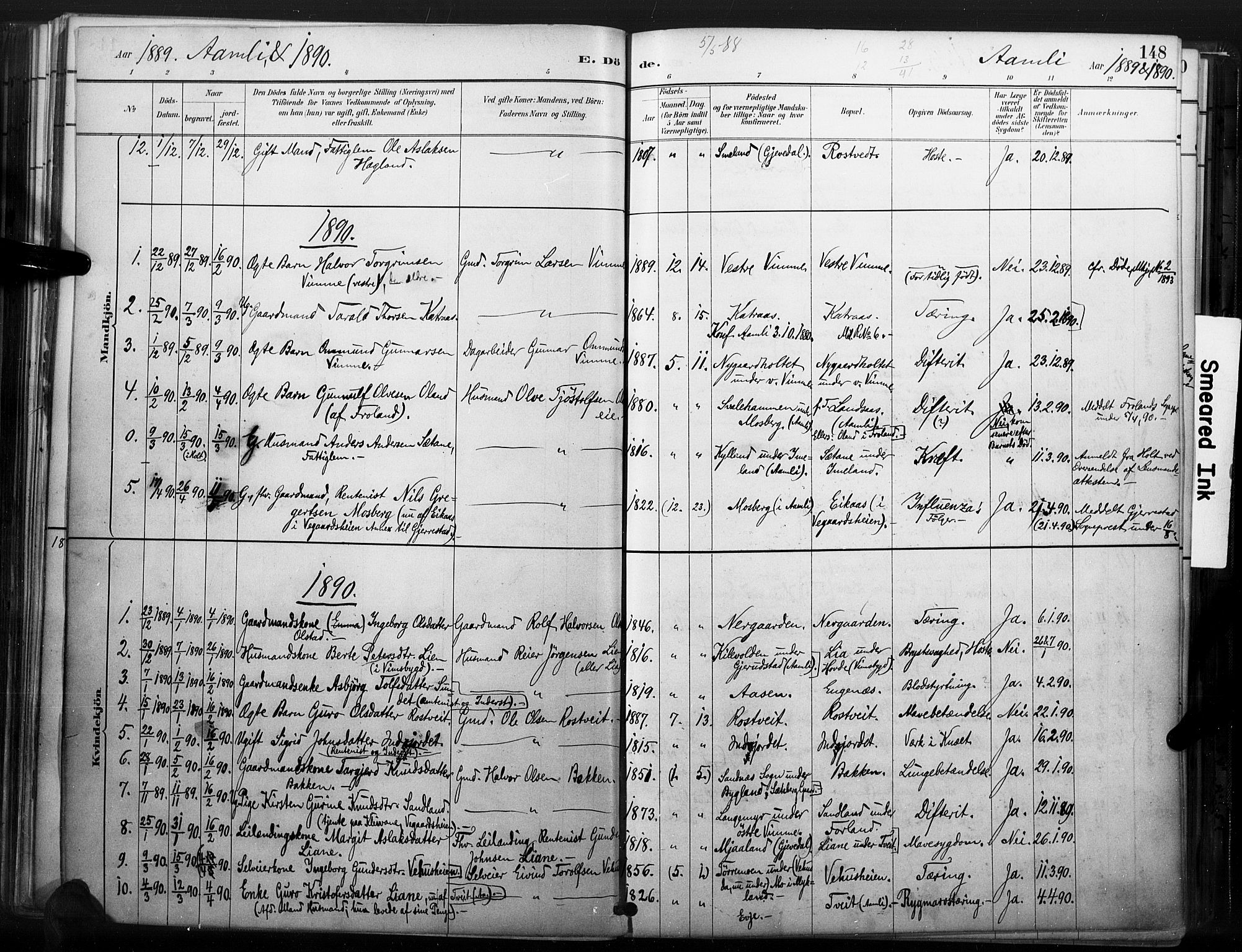 Åmli sokneprestkontor, AV/SAK-1111-0050/F/Fa/Fac/L0010: Parish register (official) no. A 10 /1, 1885-1899, p. 148