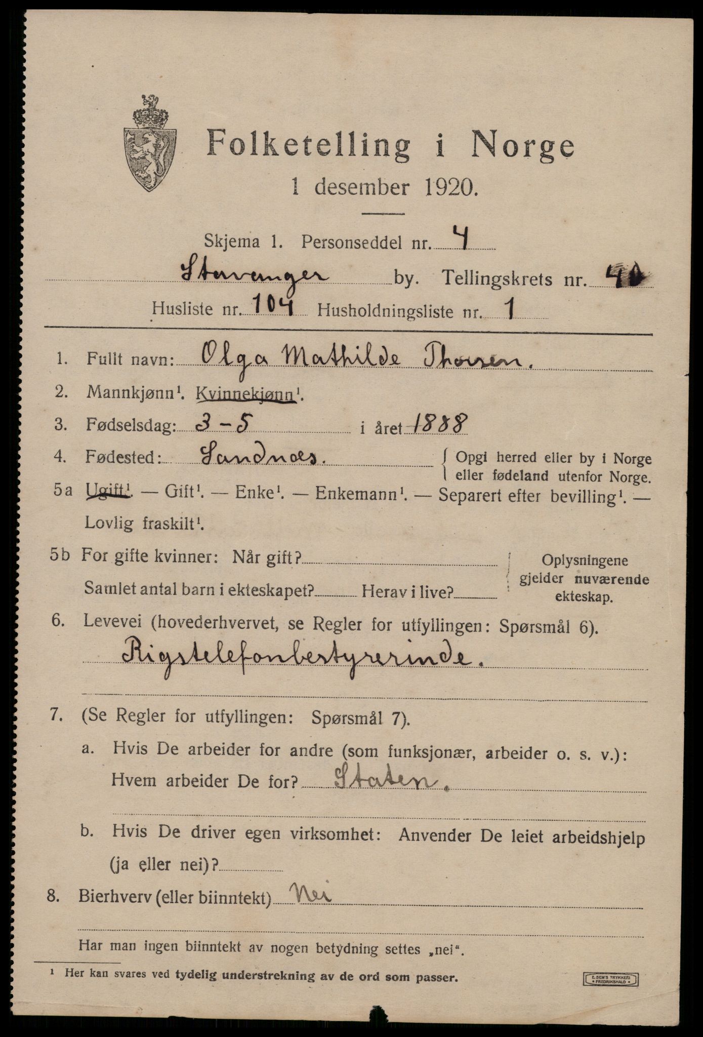 SAST, 1920 census for Stavanger, 1920, p. 103594