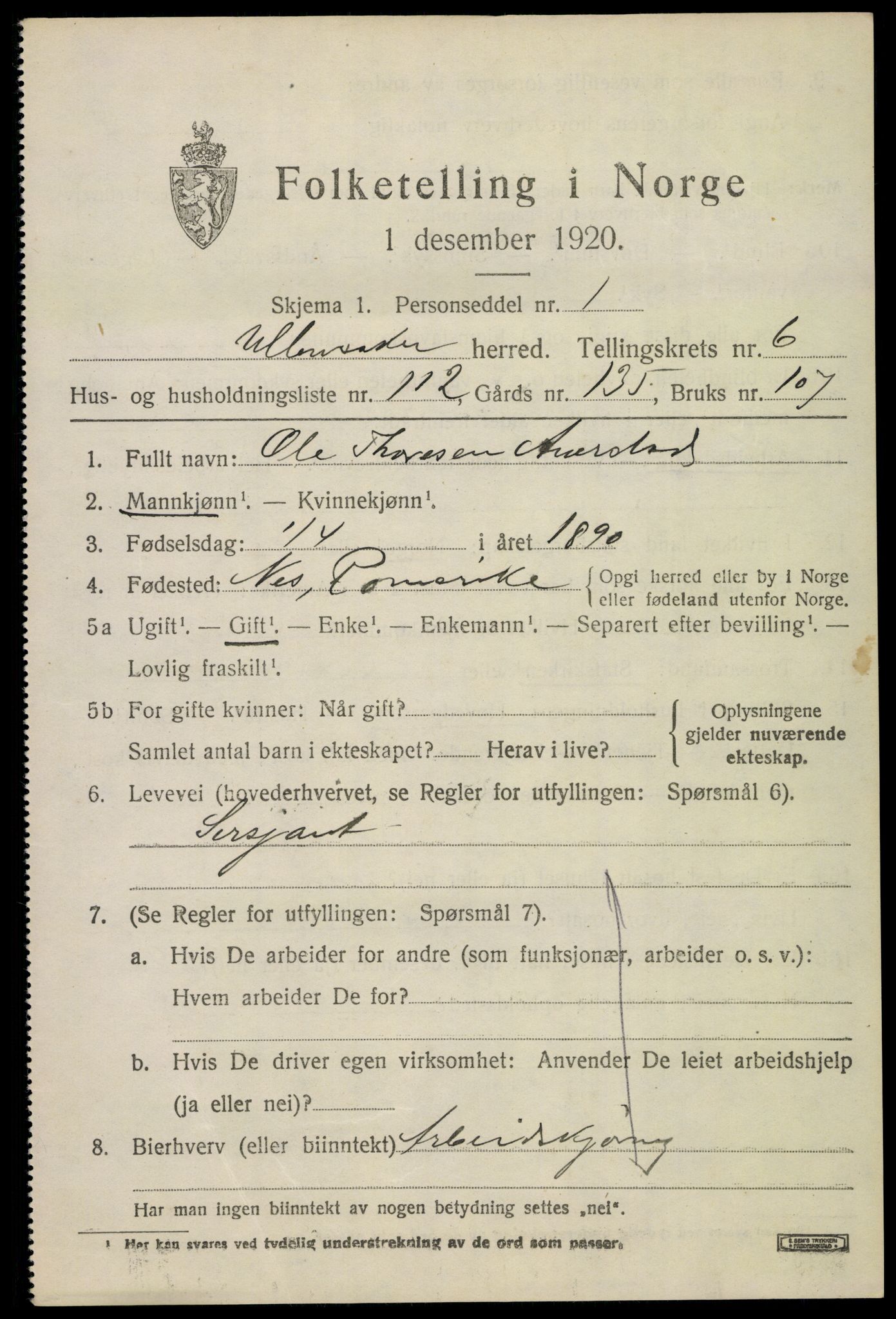 SAO, 1920 census for Ullensaker, 1920, p. 11703