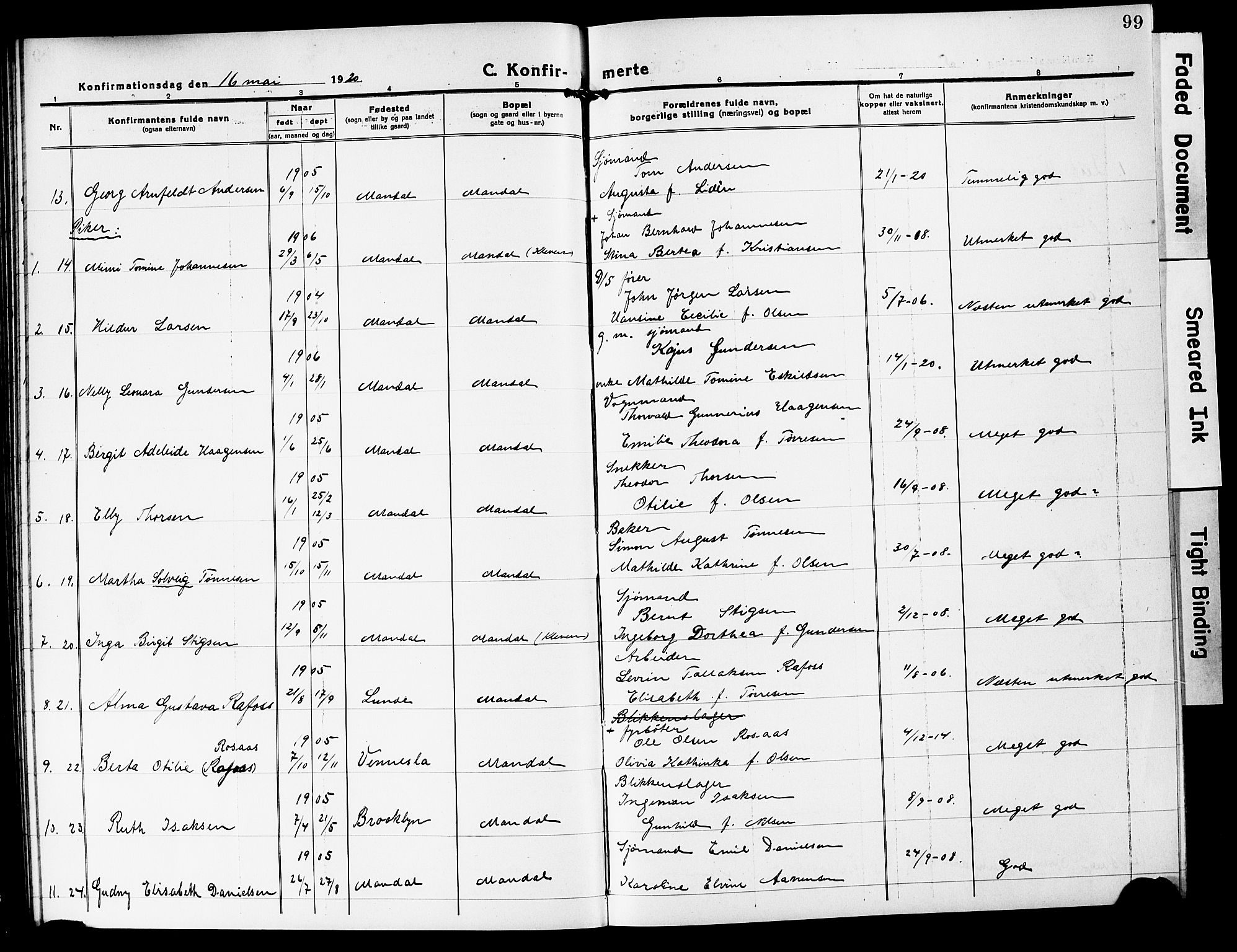 Mandal sokneprestkontor, AV/SAK-1111-0030/F/Fb/Fbc/L0001: Parish register (copy) no. B 1, 1918-1931, p. 99