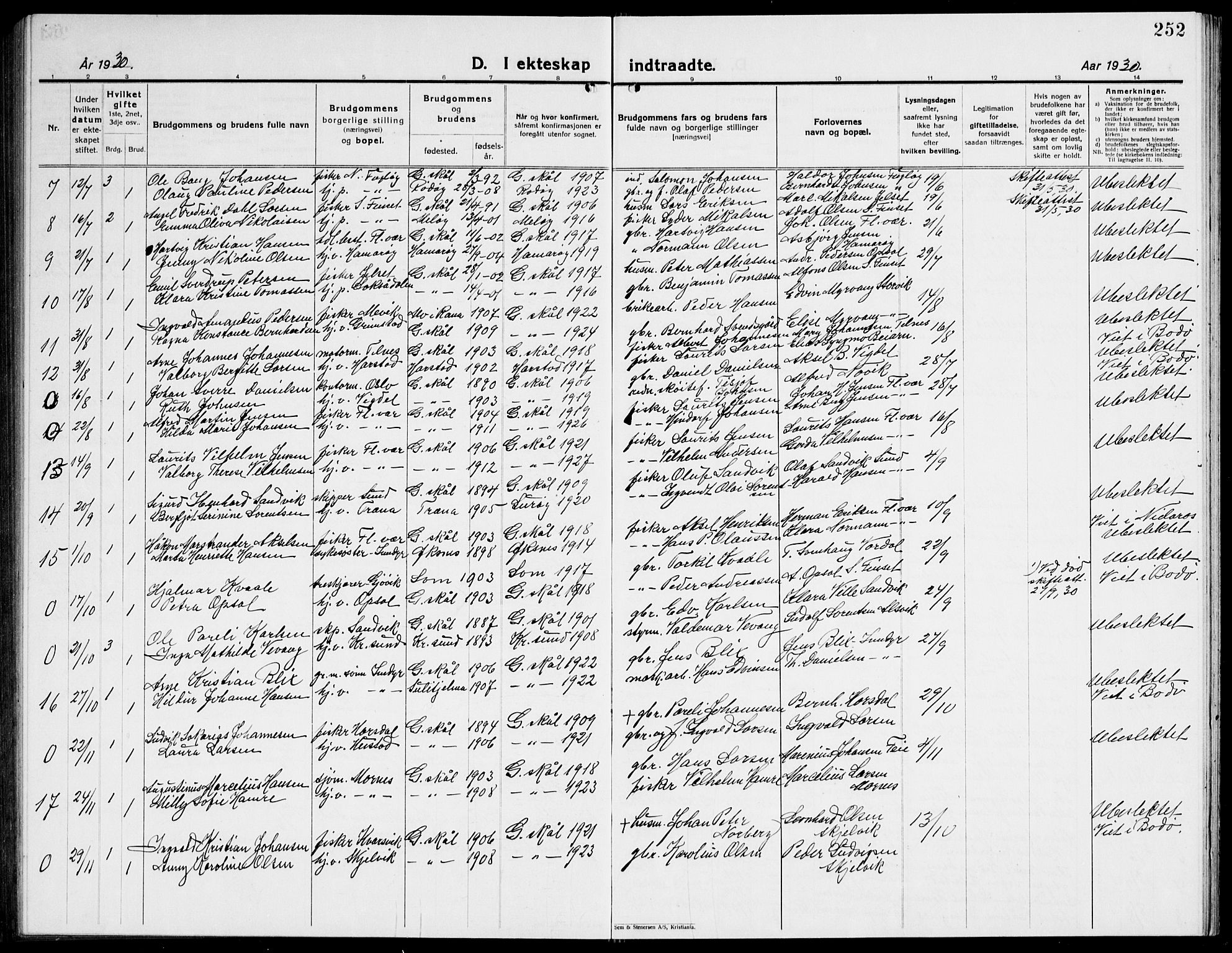 Ministerialprotokoller, klokkerbøker og fødselsregistre - Nordland, AV/SAT-A-1459/805/L0111: Parish register (copy) no. 805C07, 1925-1943, p. 252