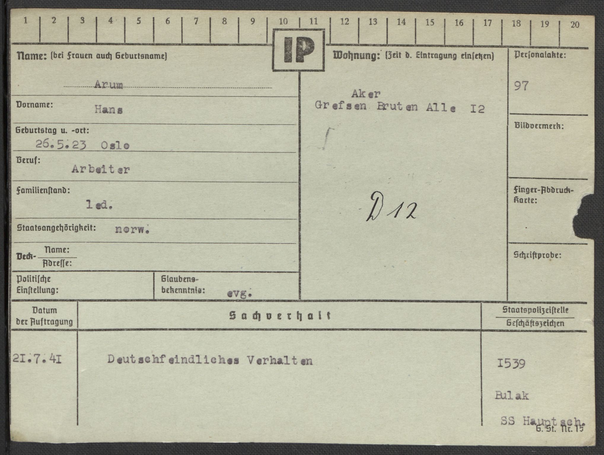 Befehlshaber der Sicherheitspolizei und des SD, AV/RA-RAFA-5969/E/Ea/Eaa/L0001: Register over norske fanger i Møllergata 19: A-Bj, 1940-1945, p. 634