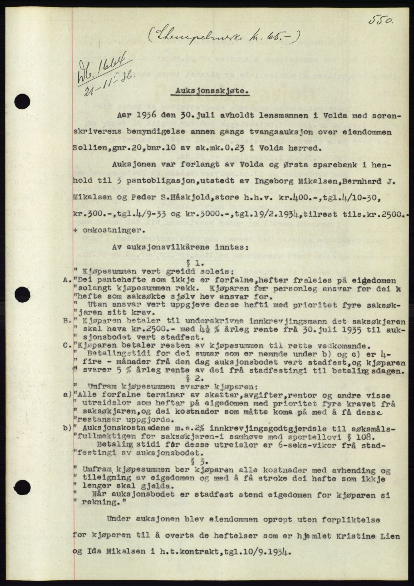 Søre Sunnmøre sorenskriveri, AV/SAT-A-4122/1/2/2C/L0061: Mortgage book no. 55, 1936-1936, Diary no: : 1664/1936