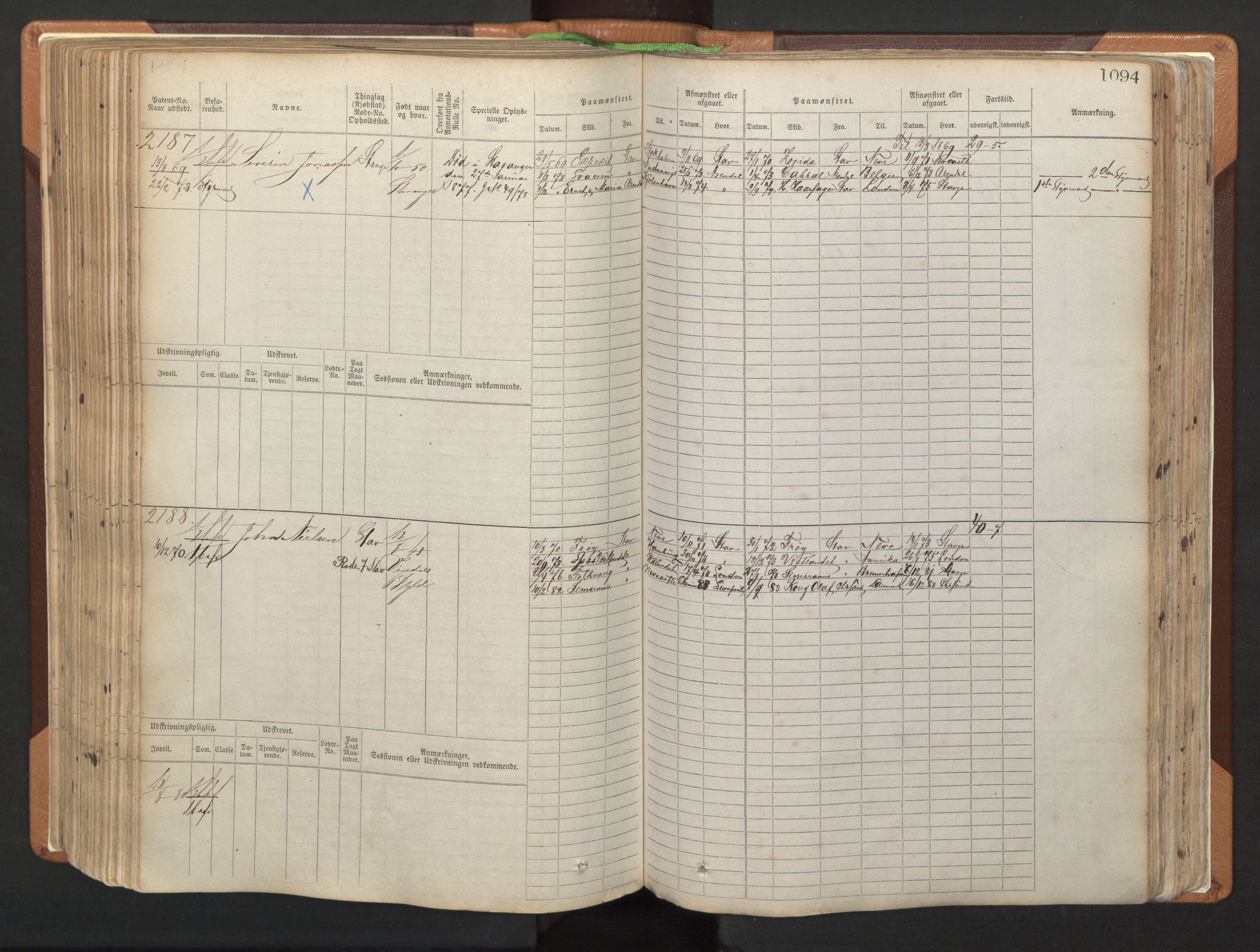 Stavanger sjømannskontor, AV/SAST-A-102006/F/Fb/Fbb/L0006: Sjøfartshovedrulle, patentnr. 1607-2402 (del 3), 1869-1880, p. 294