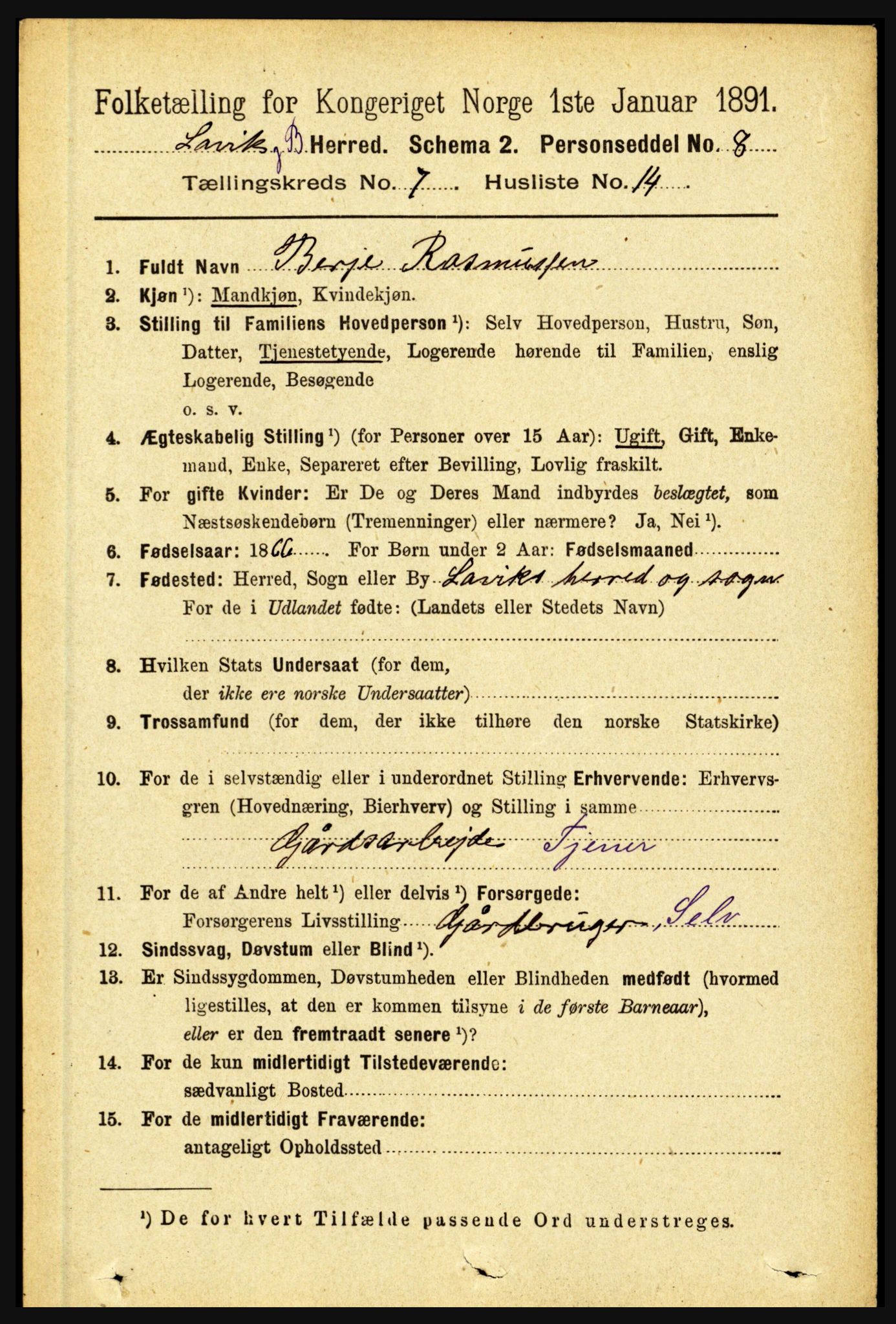 RA, 1891 census for 1415 Lavik og Brekke, 1891, p. 1449