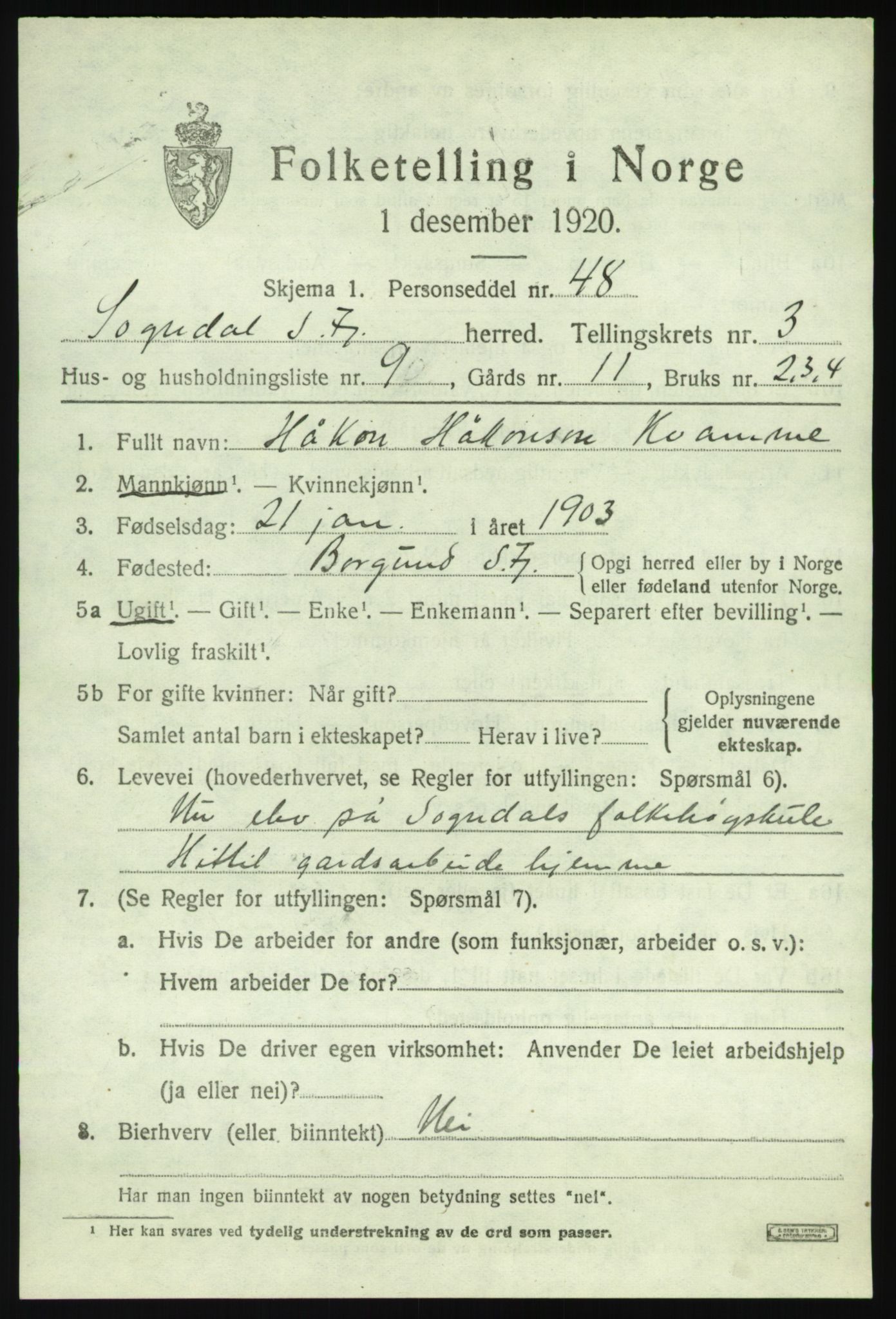 SAB, 1920 census for Sogndal, 1920, p. 2295