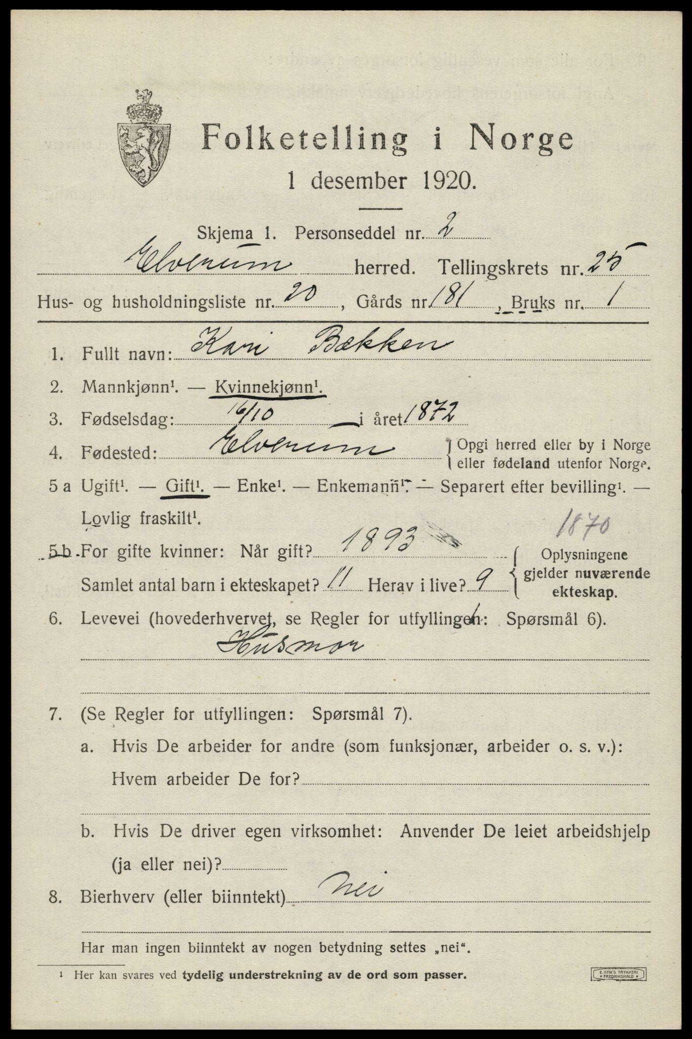 SAH, 1920 census for Elverum, 1920, p. 26440