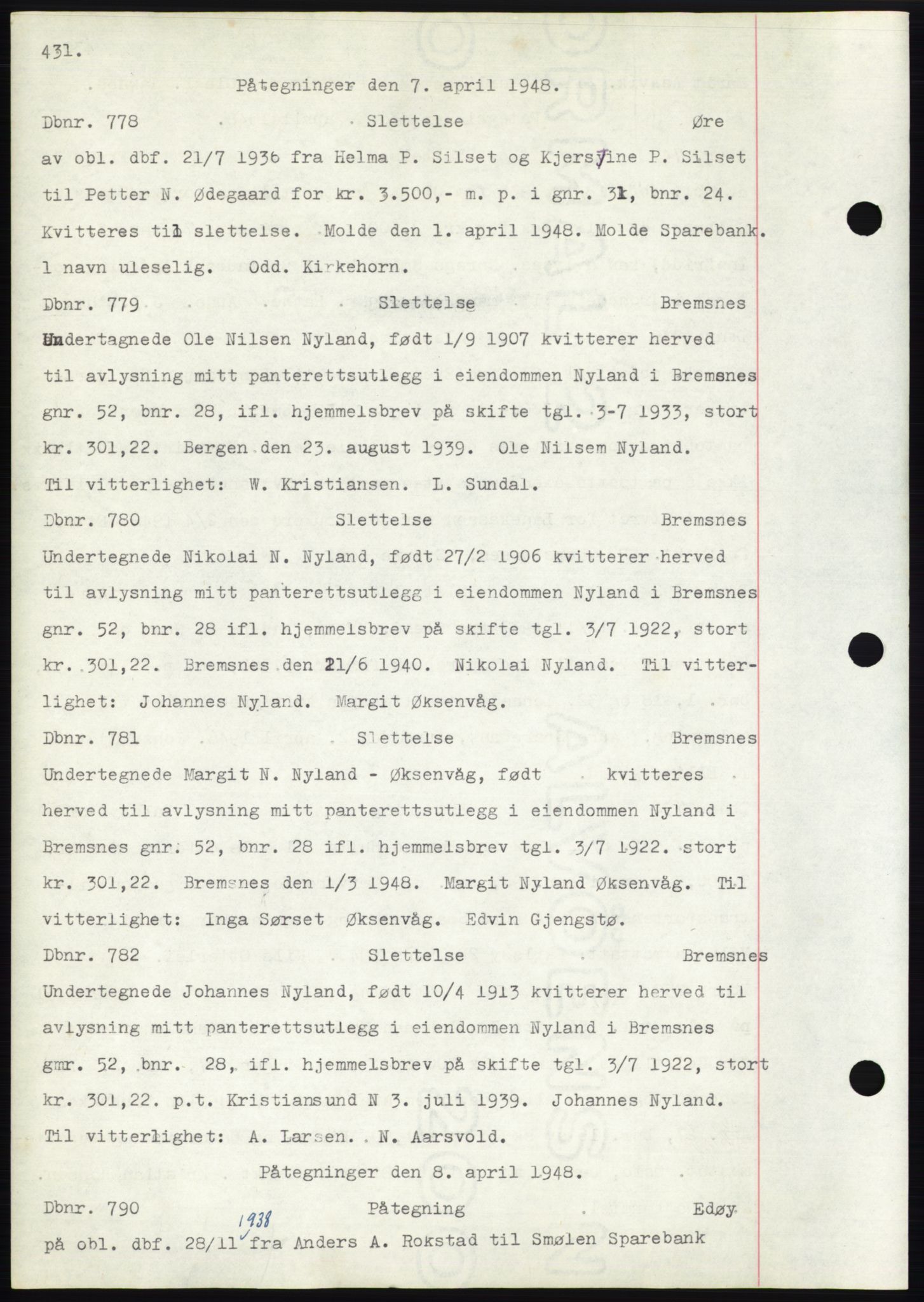 Nordmøre sorenskriveri, AV/SAT-A-4132/1/2/2Ca: Mortgage book no. C82b, 1946-1951, Diary no: : 778/1948