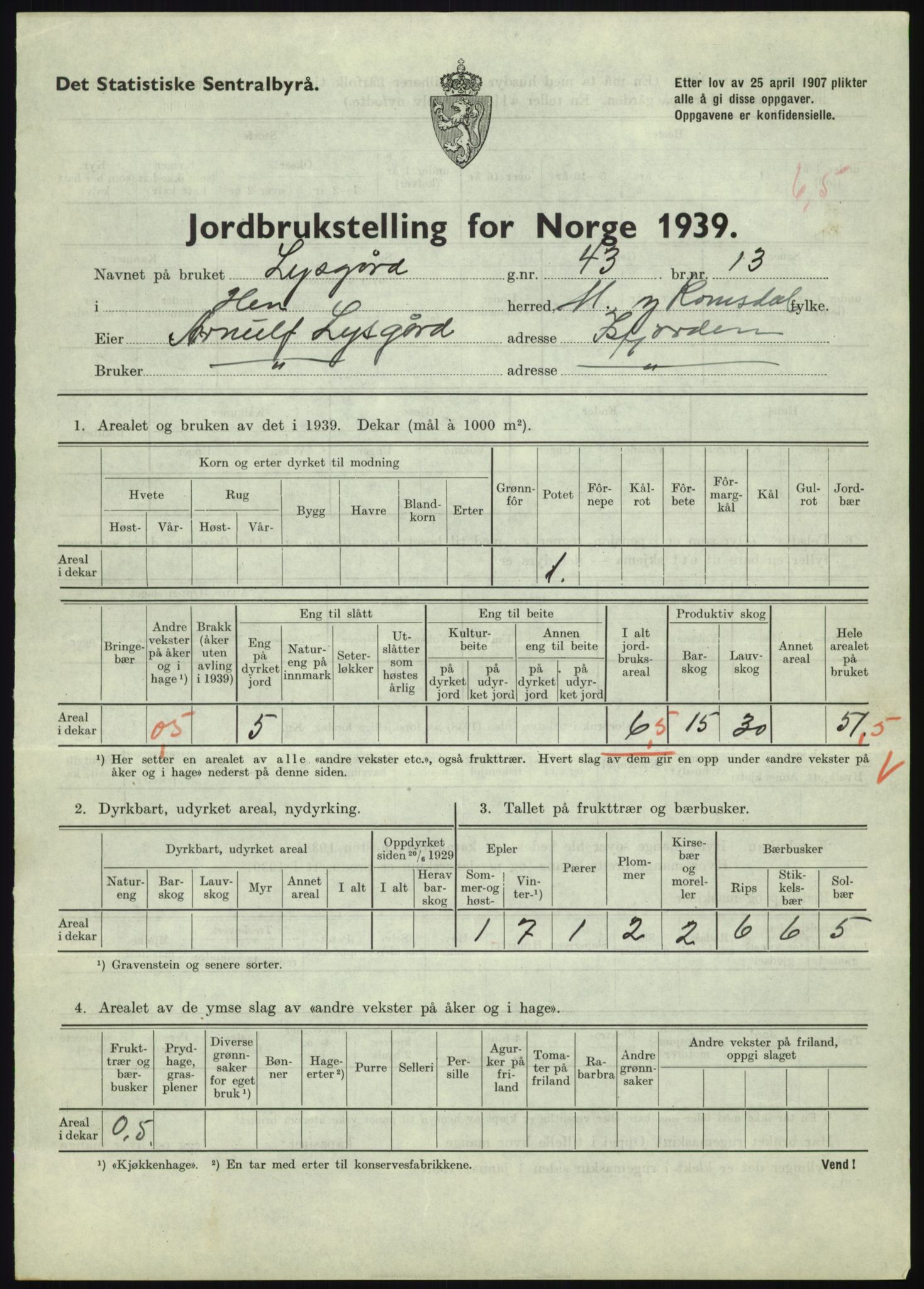 Statistisk sentralbyrå, Næringsøkonomiske emner, Jordbruk, skogbruk, jakt, fiske og fangst, AV/RA-S-2234/G/Gb/L0251: Møre og Romsdal: Voll, Eid, Grytten og Hen, 1939, p. 1095