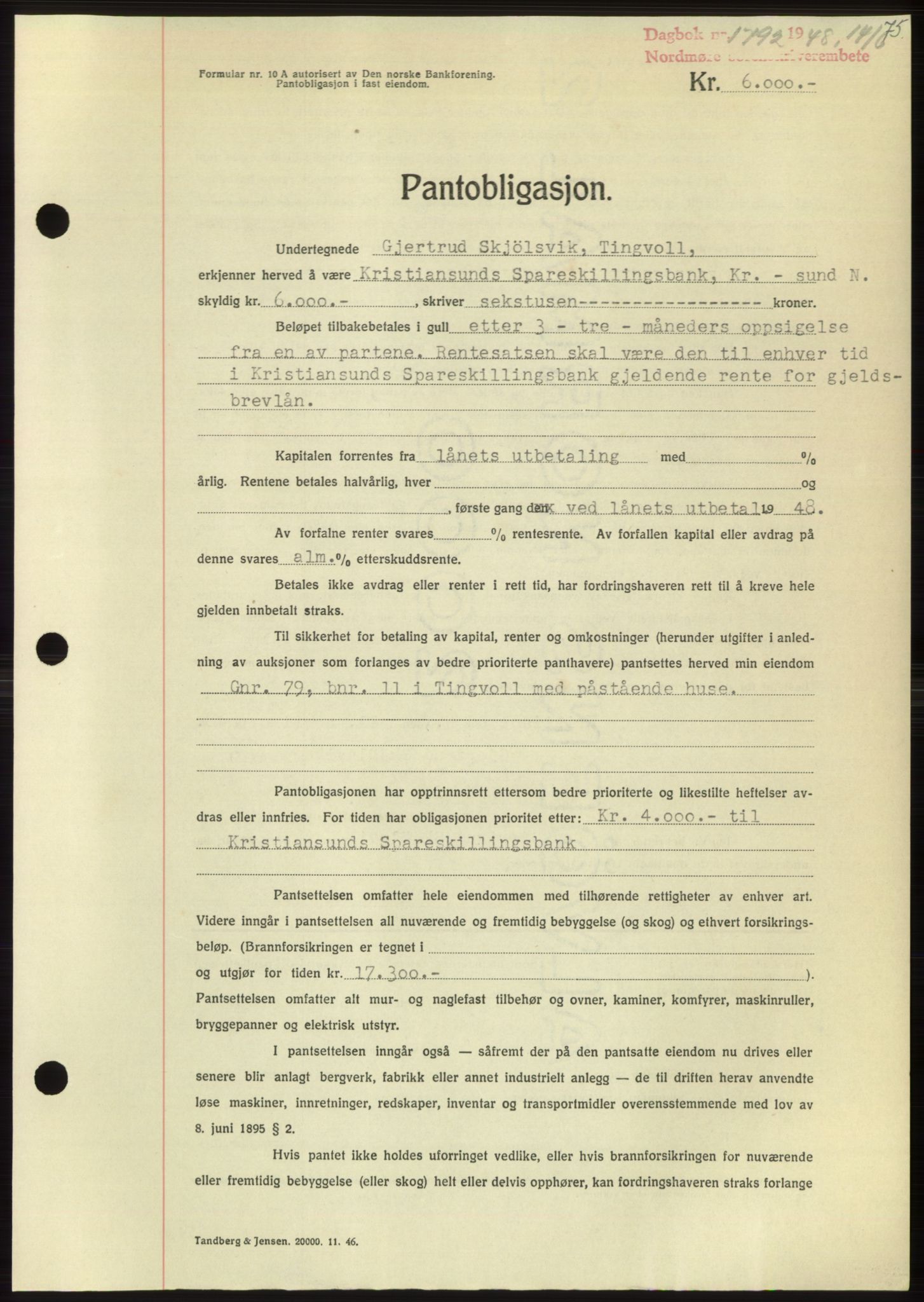 Nordmøre sorenskriveri, AV/SAT-A-4132/1/2/2Ca: Mortgage book no. B99, 1948-1948, Diary no: : 1792/1948