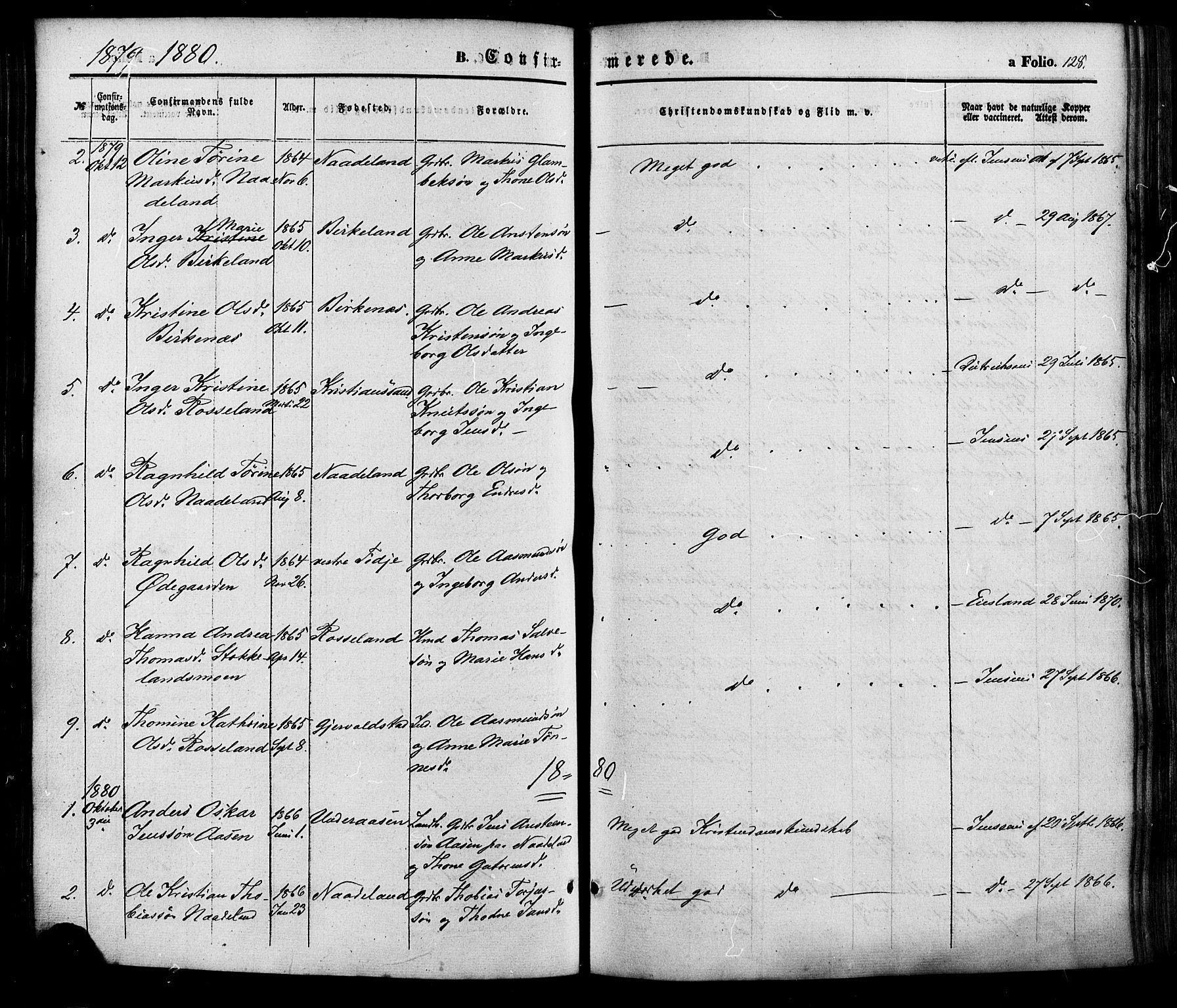 Søgne sokneprestkontor, SAK/1111-0037/F/Fa/Faa/L0002: Parish register (official) no. A 2, 1854-1882, p. 128