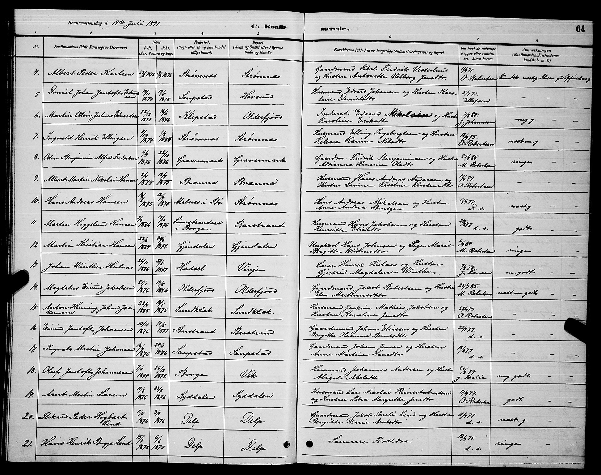 Ministerialprotokoller, klokkerbøker og fødselsregistre - Nordland, SAT/A-1459/876/L1104: Parish register (copy) no. 876C03, 1886-1896, p. 64