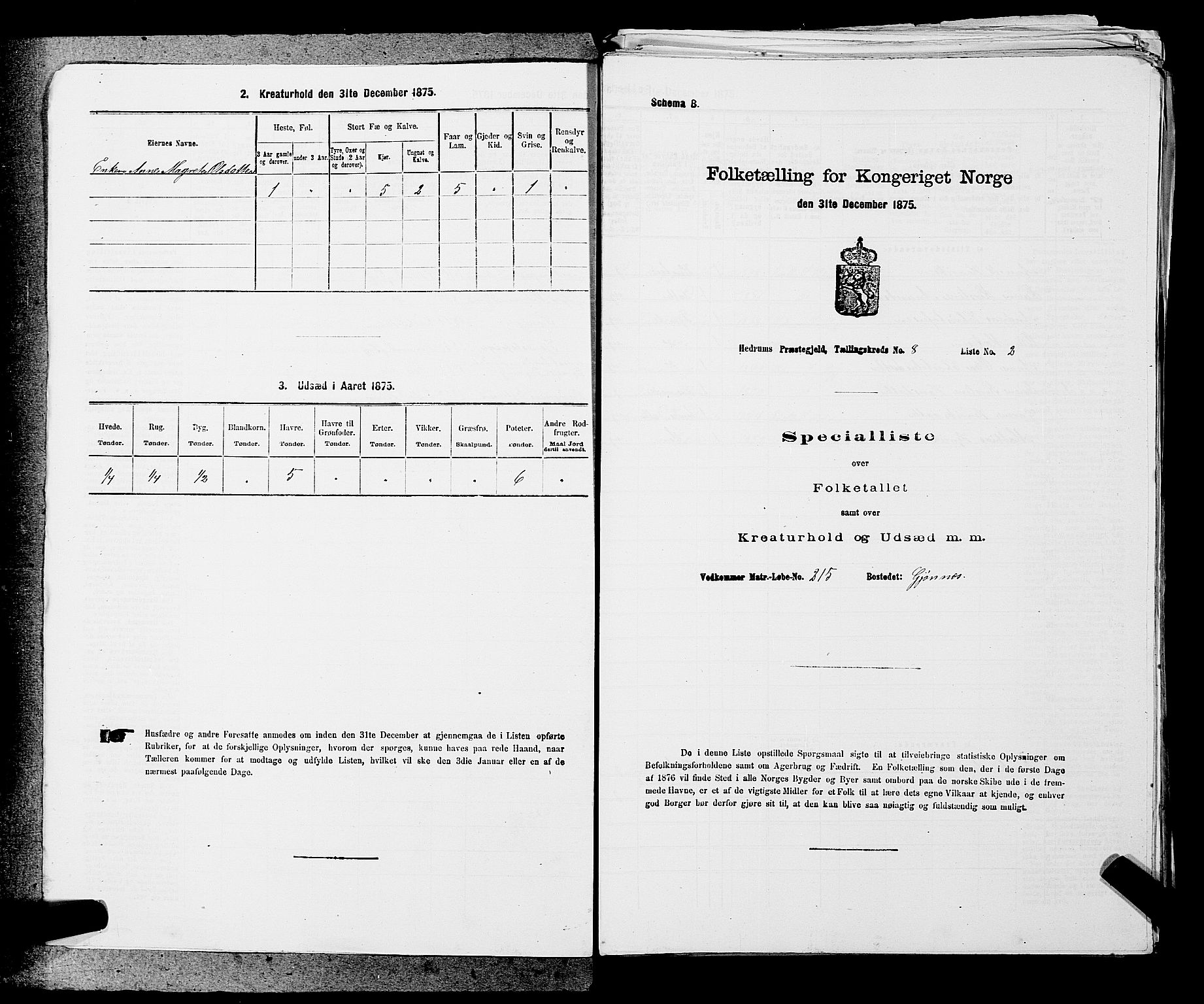 SAKO, 1875 census for 0727P Hedrum, 1875, p. 708